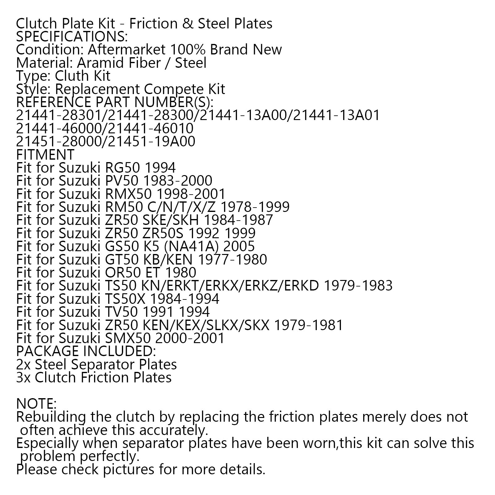 Kit d'embrayage en acier et plaques de Friction pour Suzuki PV50 RMX50 ZR50 TS50 SMX50 générique