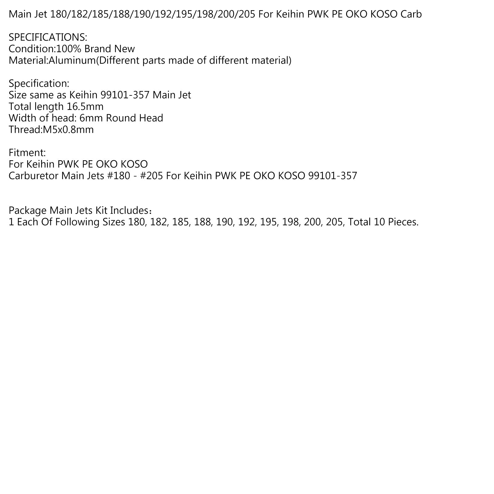Jets principaux de carburateur, 10 pièces, pour Keihin PWK PE OKO Stage 6 180 182 185 188 190 192 195 générique