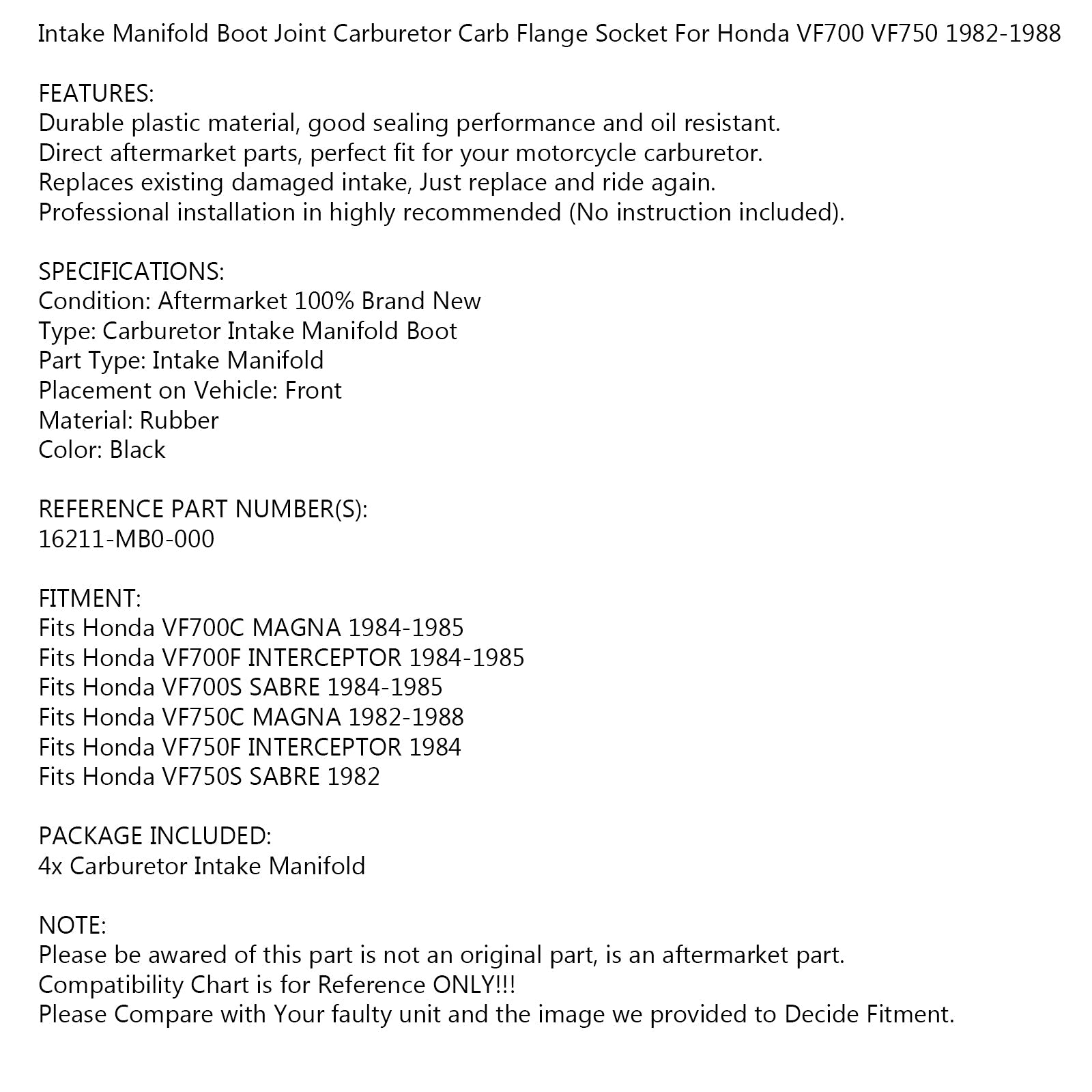 Intake Manifold Carburetor Boots for Honda VF700 750 F C S V45 16211-MB0-000 Generic