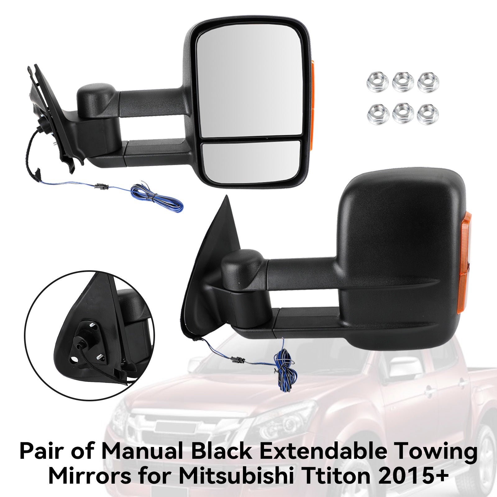 Mitsubishi Ttiton 2015+ Pair of Manual Black Extendable Towing Mirrors