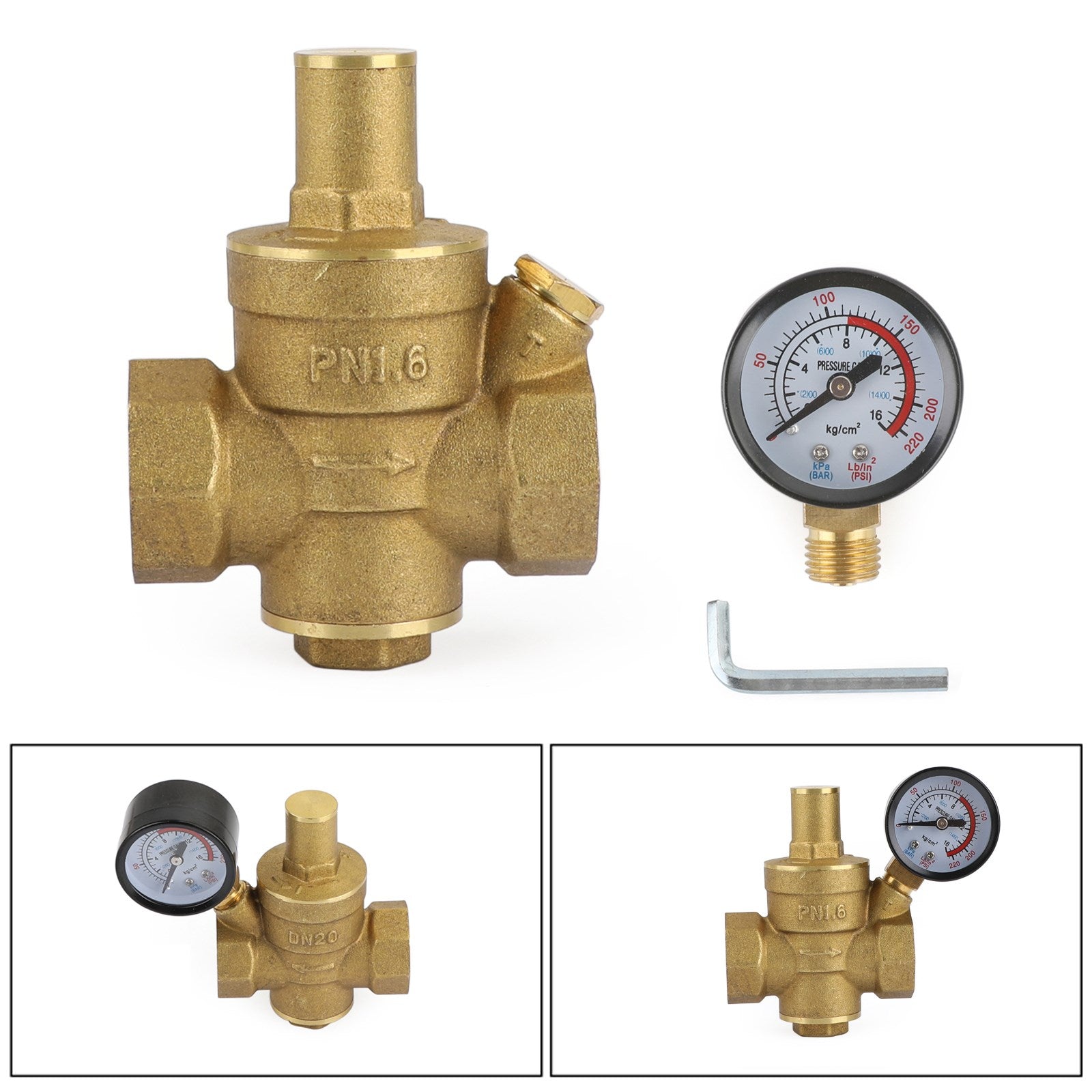 DN20 3/4" Brass Adjustable Water Pressure Reducing Regulator Valves With Gauge