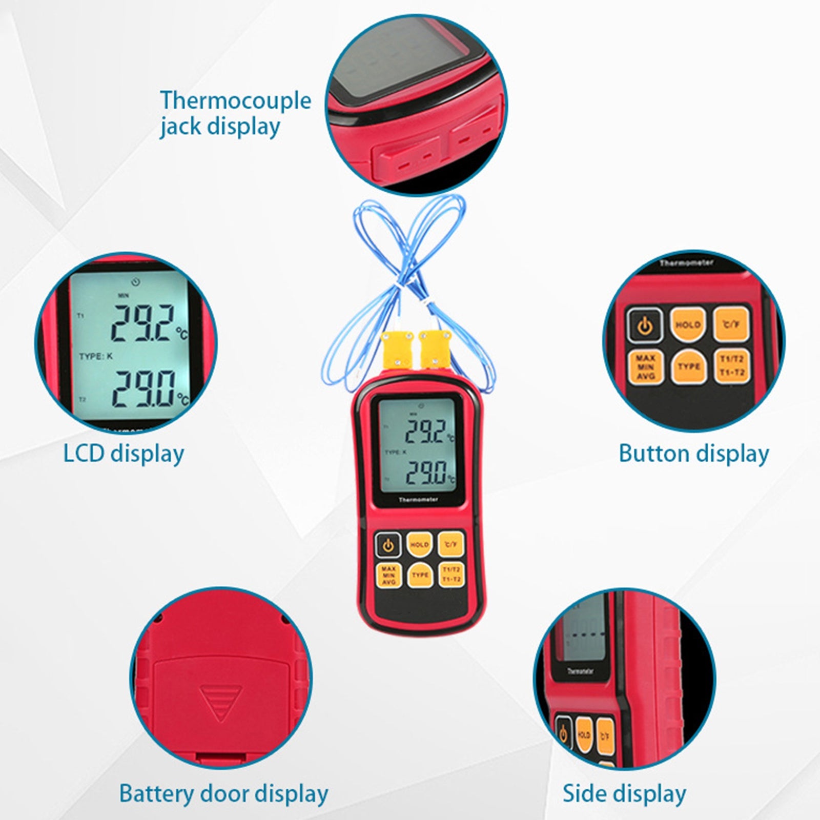 Thermomètre numérique à Thermocouple, testeur de température à double canal LCD