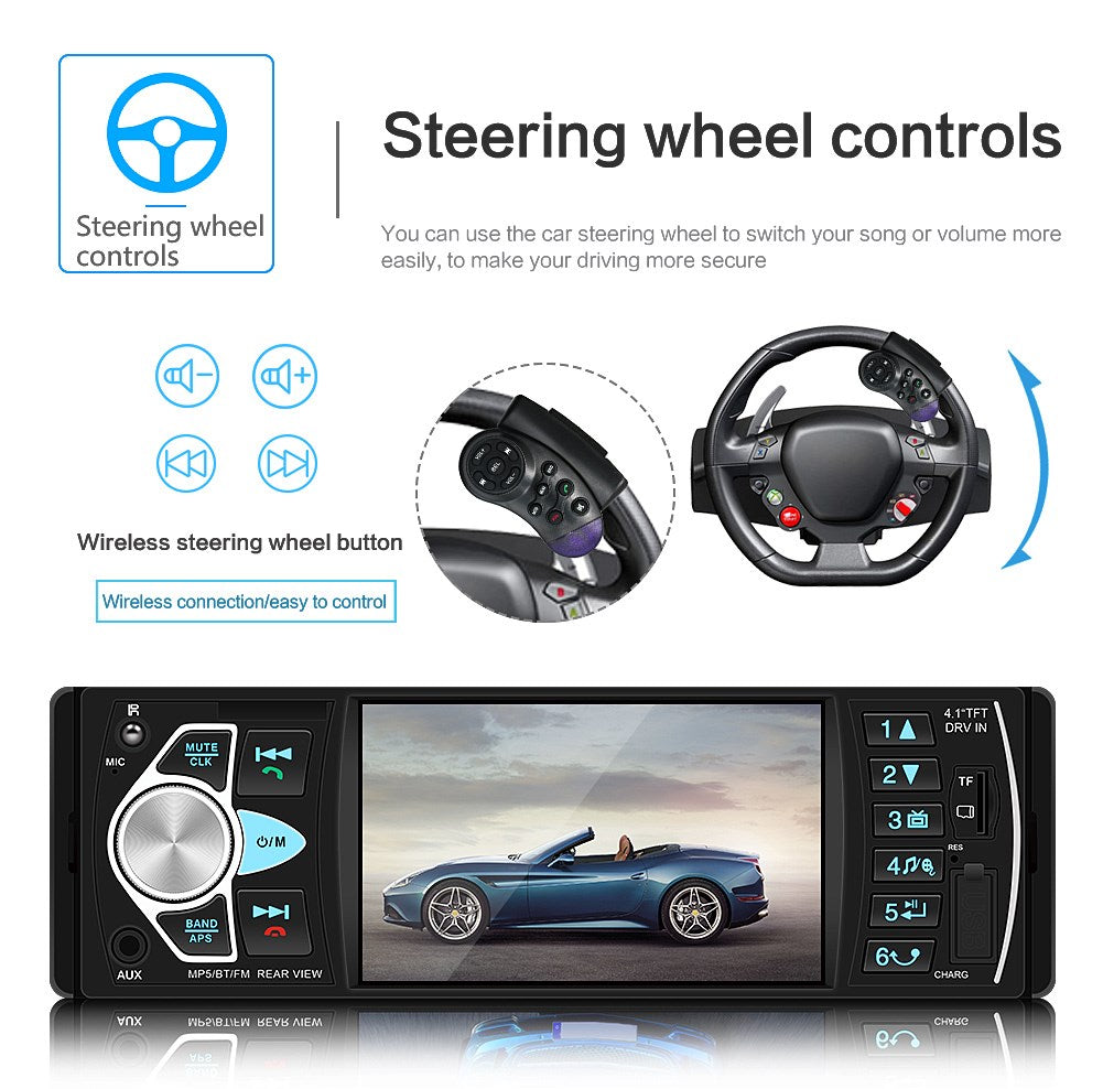 4.1In Car Radio Stereo 1DIN Bluetooth FM USB AUX Audio MP5 Player with Camera