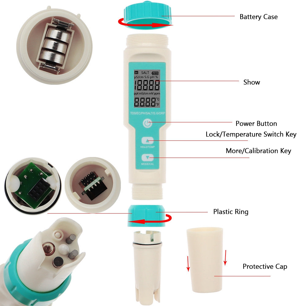 7 In 1 Digital Salinity PH TDS TEMP SG EC ORP Tester Water Quality Monitor Meter