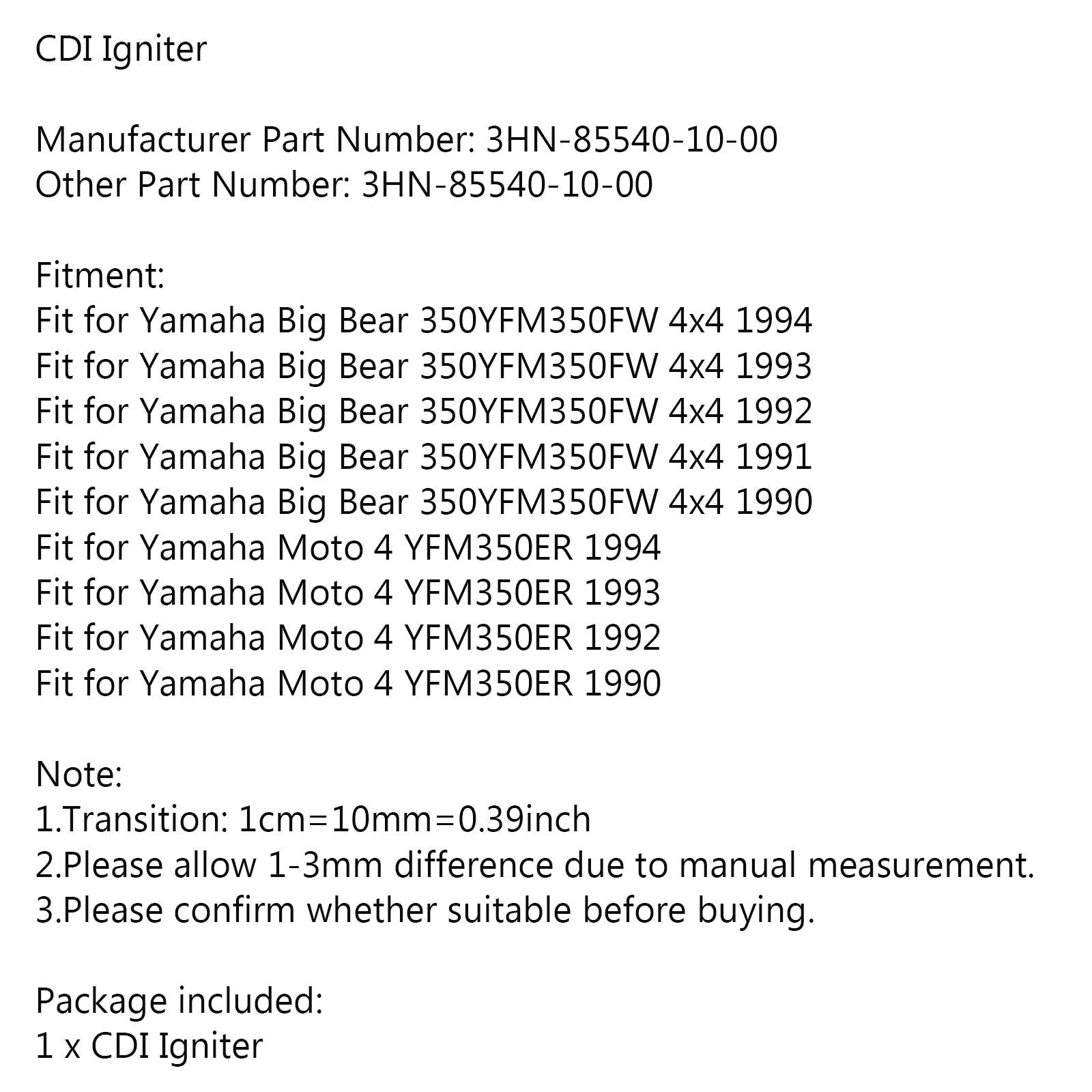 Boîte d'allumage CDI adaptée pour Yamaha YFM 350 Big Bear Moto 4 YFM350 3HN-85540-10-00 générique