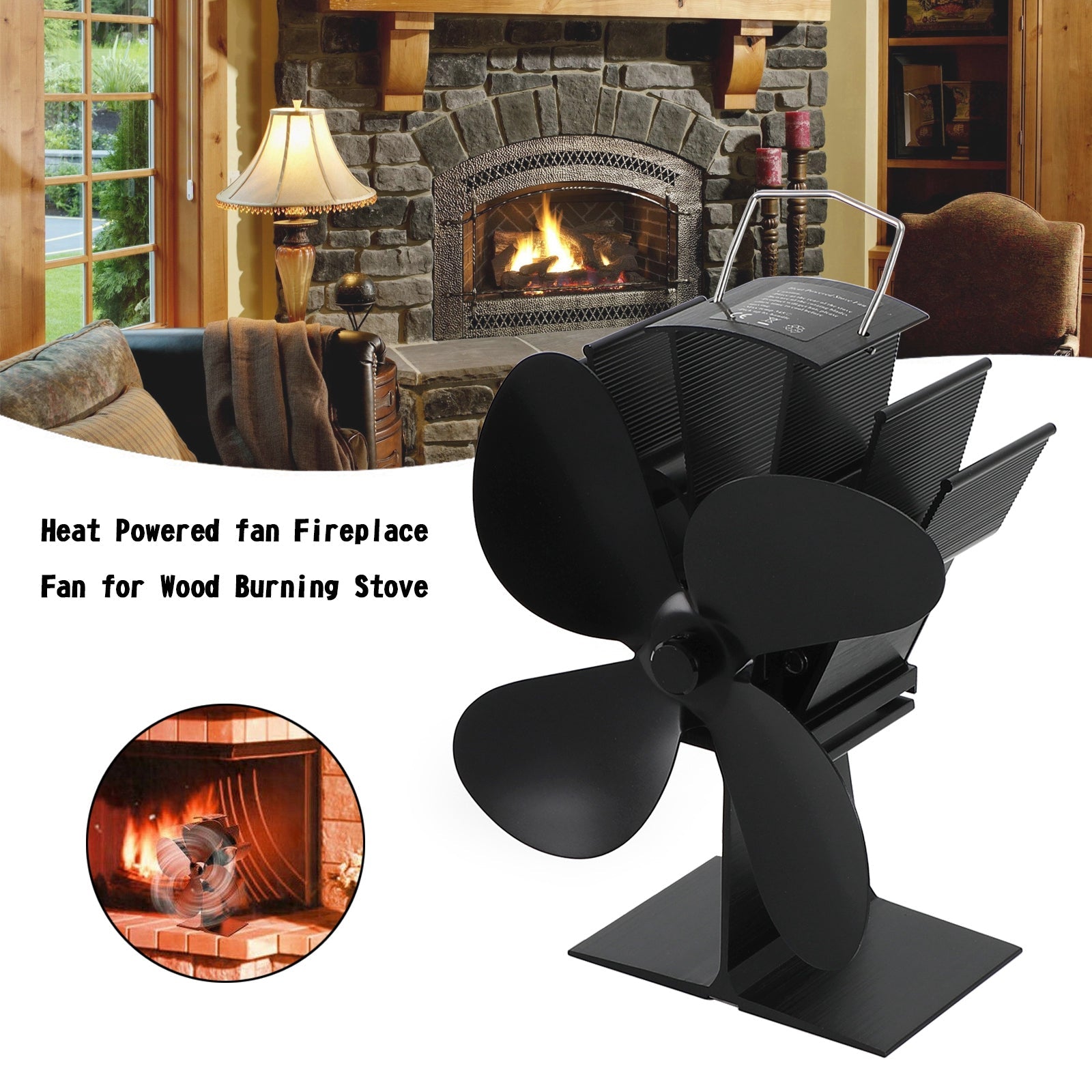 4 Blades Heat Powered Stove Fan Wood Log Burner Fireplace Fuel Saving Eco