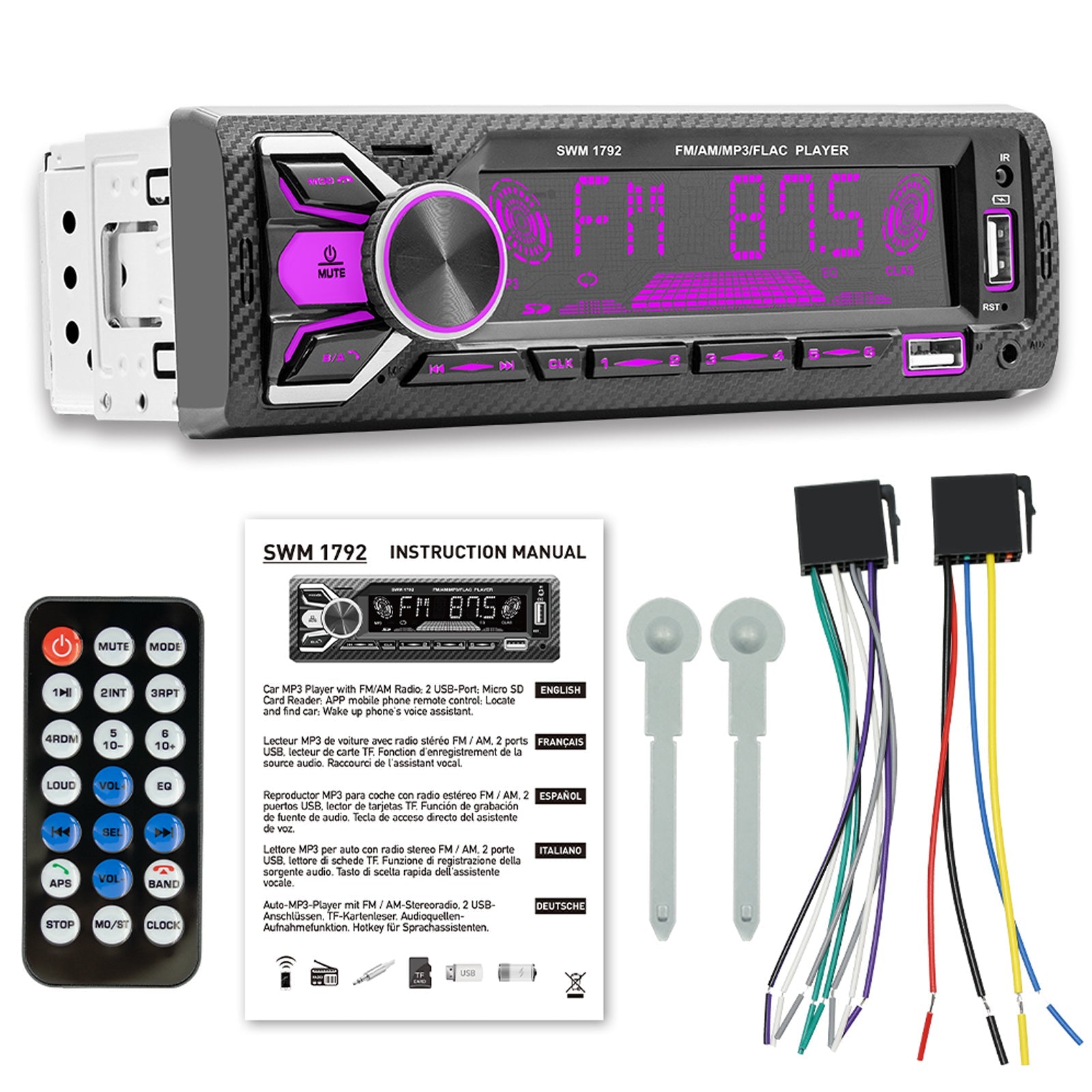 Radio à broche unique pour voiture, double Bluetooth, musique colorée, carte USB, lecteur MP3