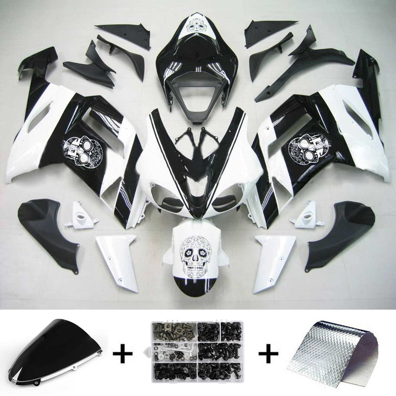 Amotopart Kawasaki 2007-2008 ZX6R 636 White Black Skull Fairing Kit