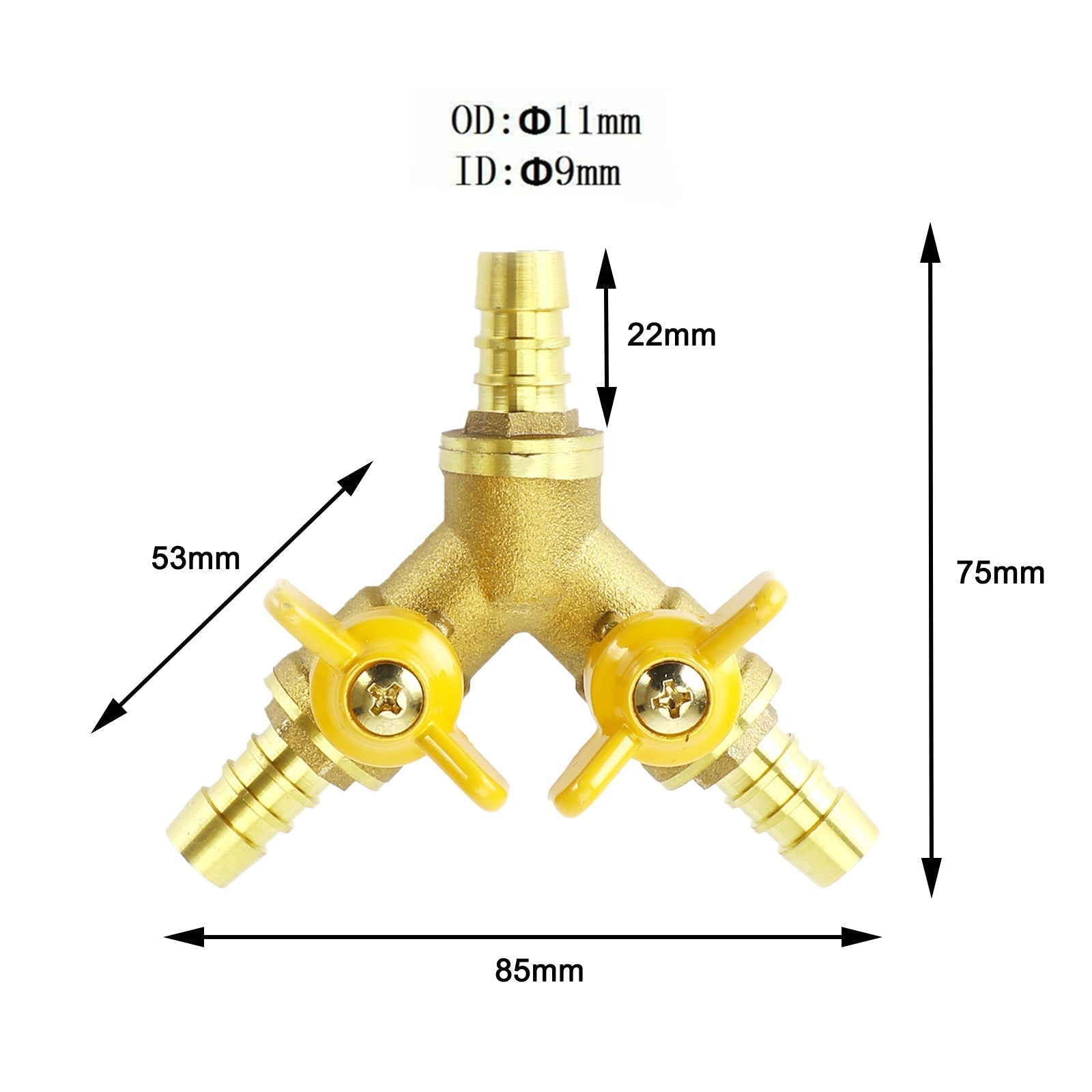 3/8" slangpilaar kogelkraan Y-vormige 3-weg connector weerhaak messing fitting OD 11 mm