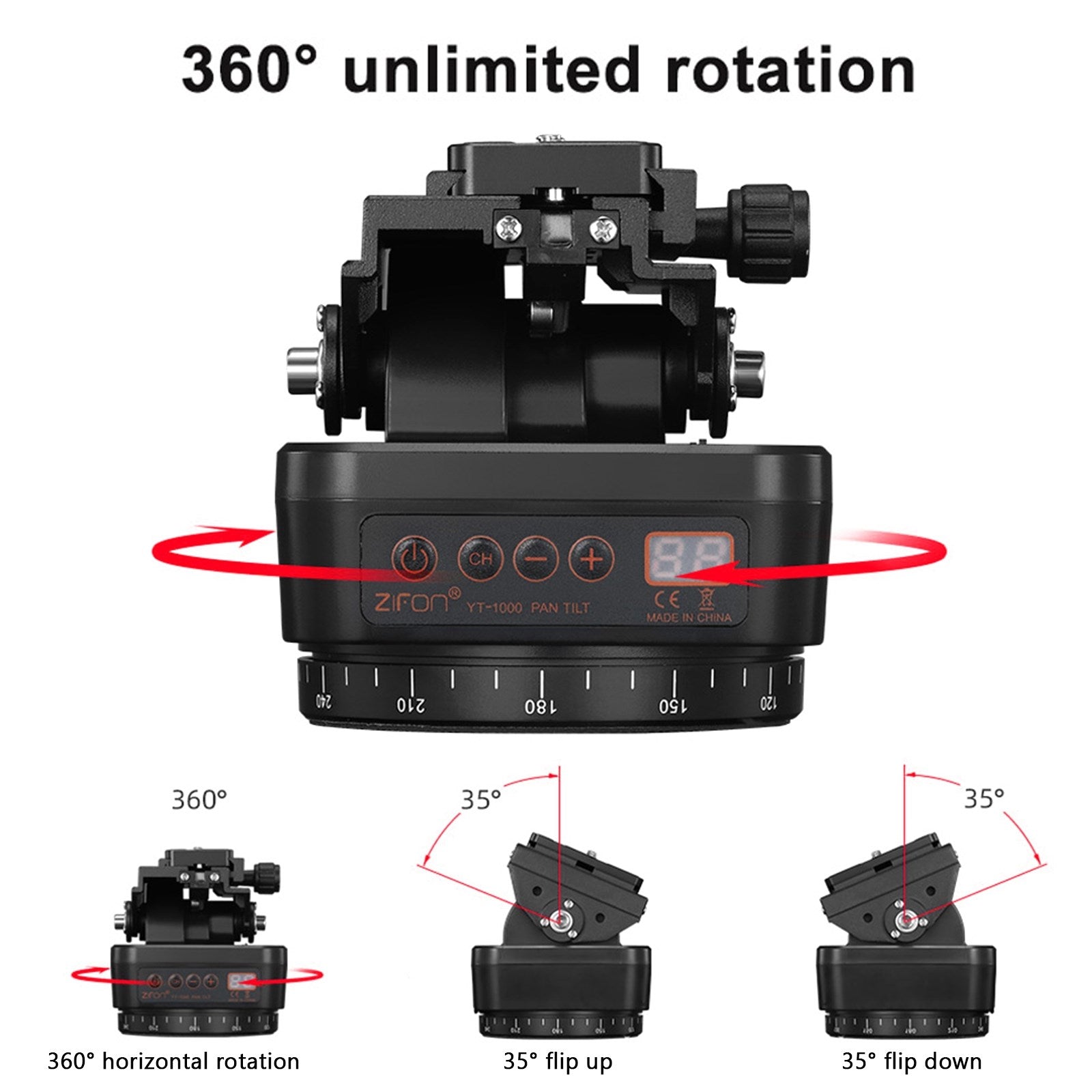 ZIFON YT-1000 Tête de trépied rotative panoramique à 360 ° pour téléphone Gopro DSLR