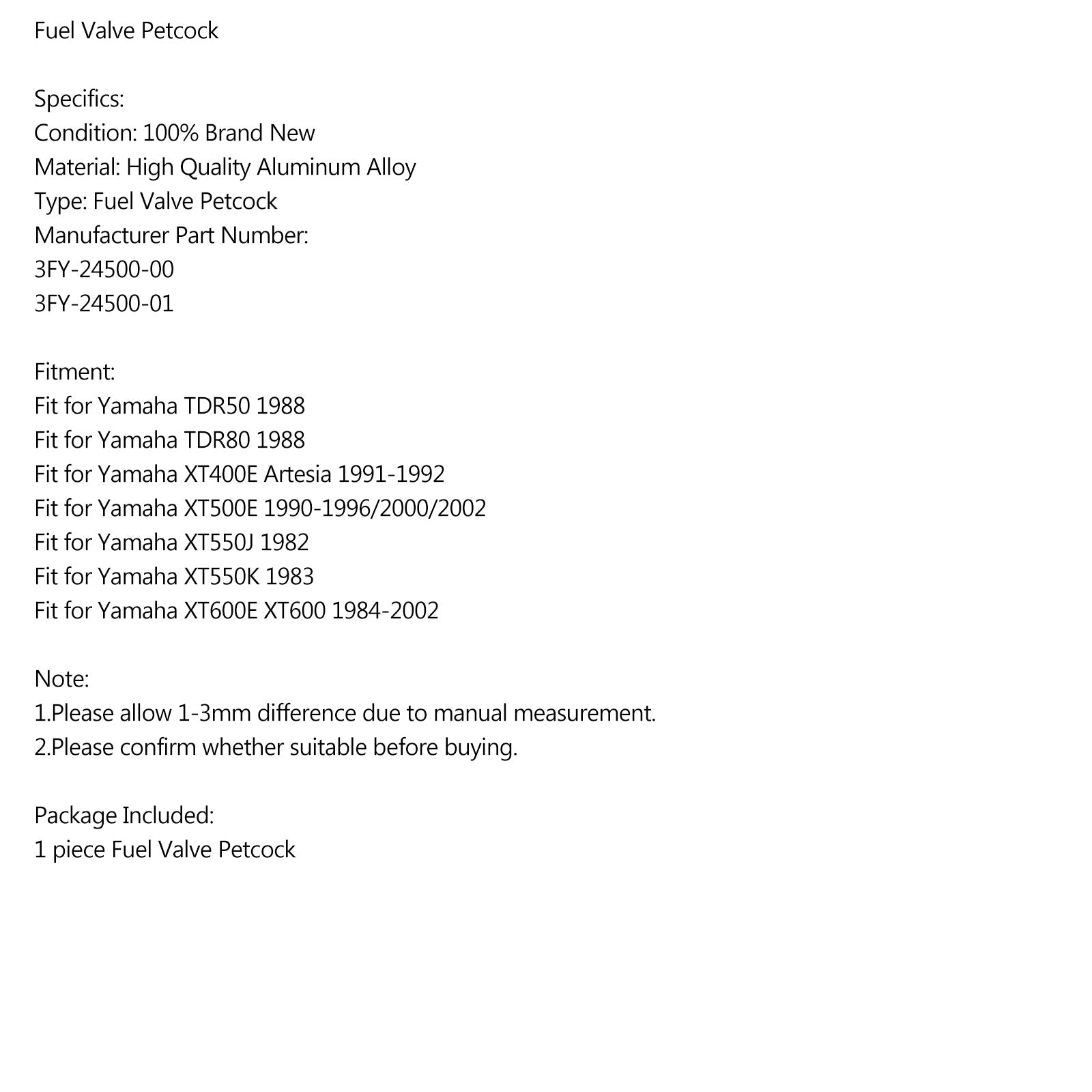 FUEL VALVE PETCOCK fit for Yamaha 3FY-24500-00 TDR50 TDR80 XT600 XT550K/J XT400E Generic