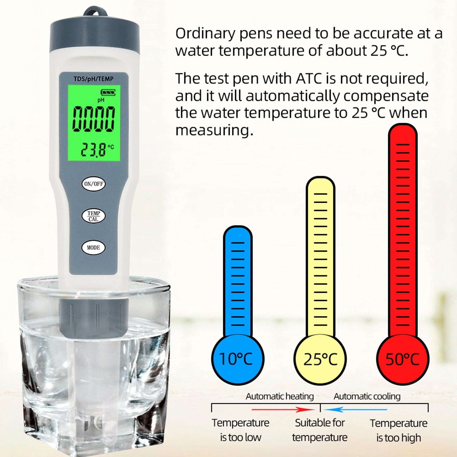 3 In 1 Digital PH TDS TEMP Water Quality Meter Tester Test Pen Tool Low power protection Waterproof