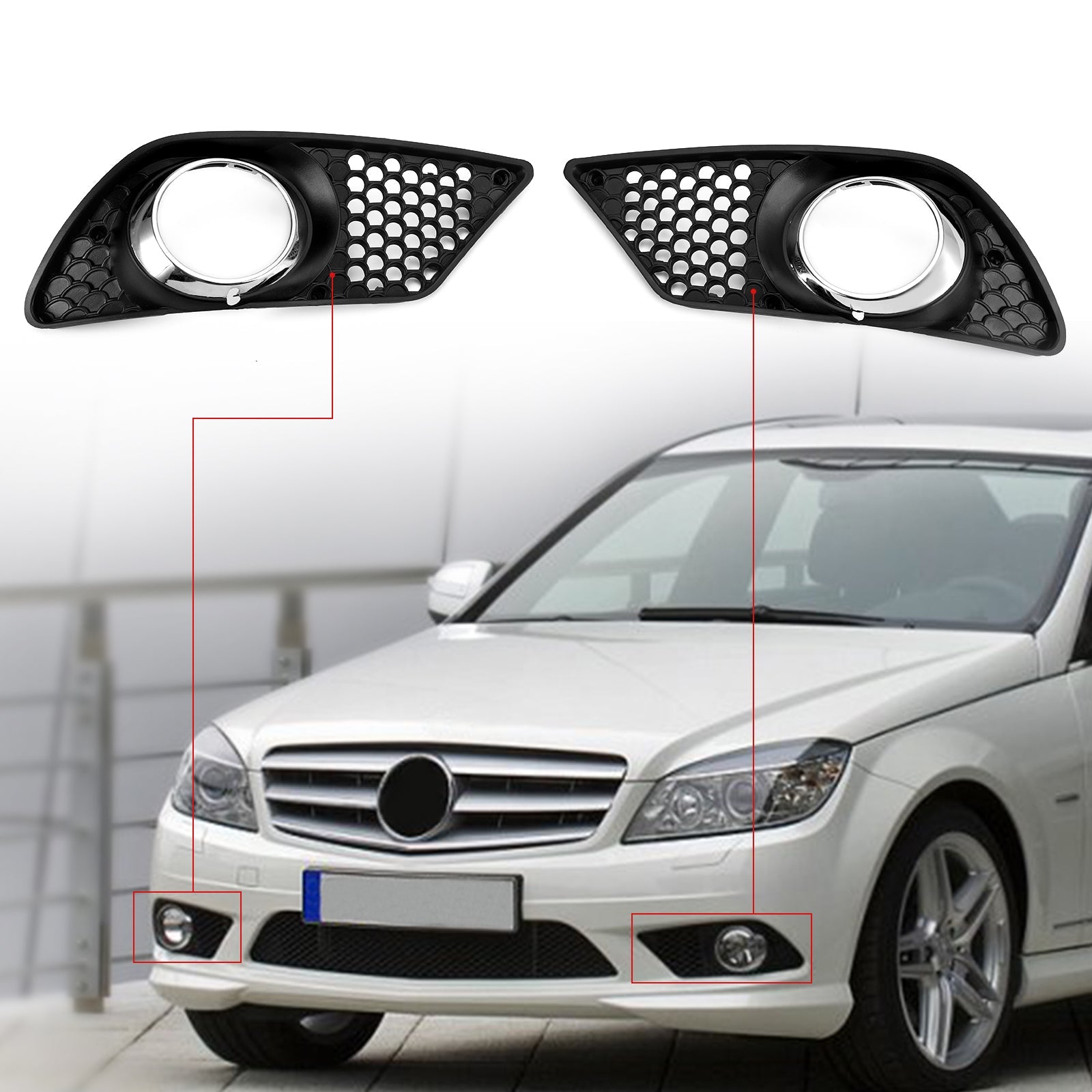 Pair Front Bumper Fog Light Grill Set Fit Mercedes Benz C-Class W204 2008-2010 Generic