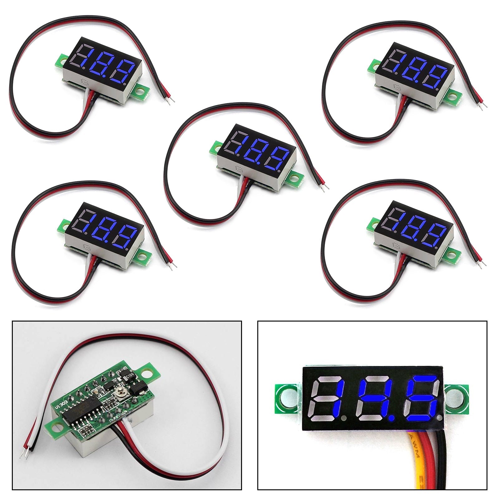 5x Mini DC 0-30V blauwe LED 3-digitaal display spanning voltmeter paneel kalibreerbaar