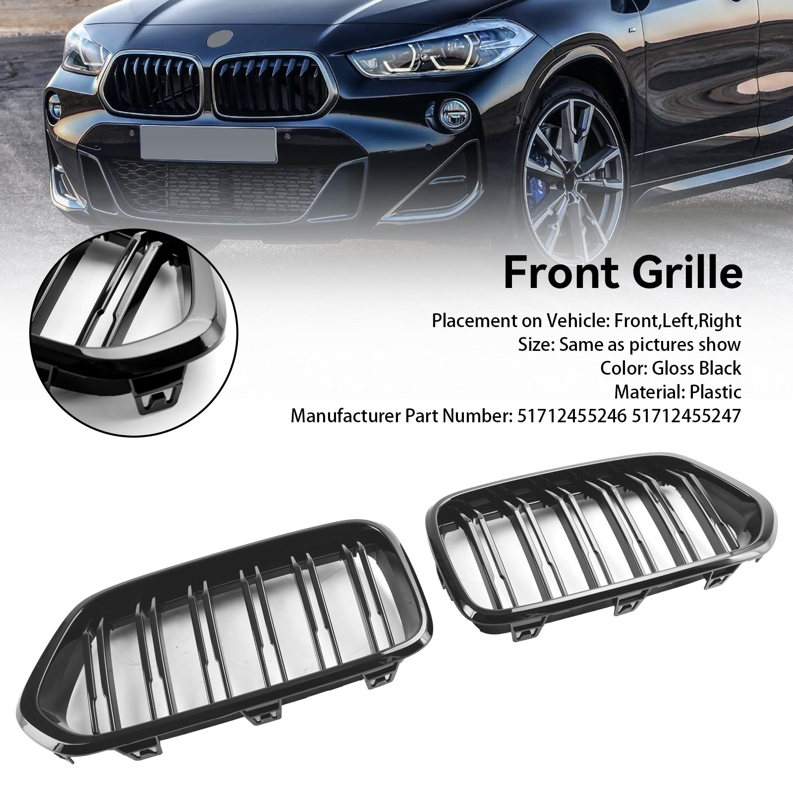 BMW X2-serie F39 2018-2023 Glanzend zwarte voorbumpergrille