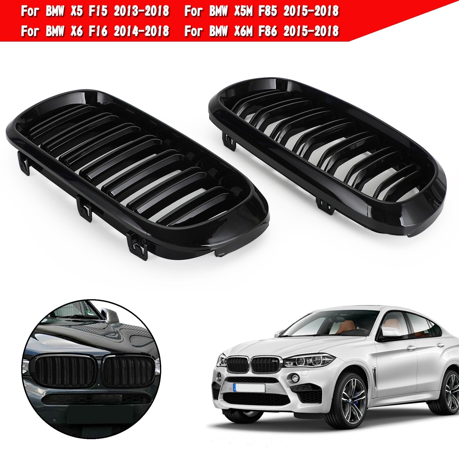 2014-2018 BMW X6 F16 Gloss Black Dual Front Kidney Grille 51118056323