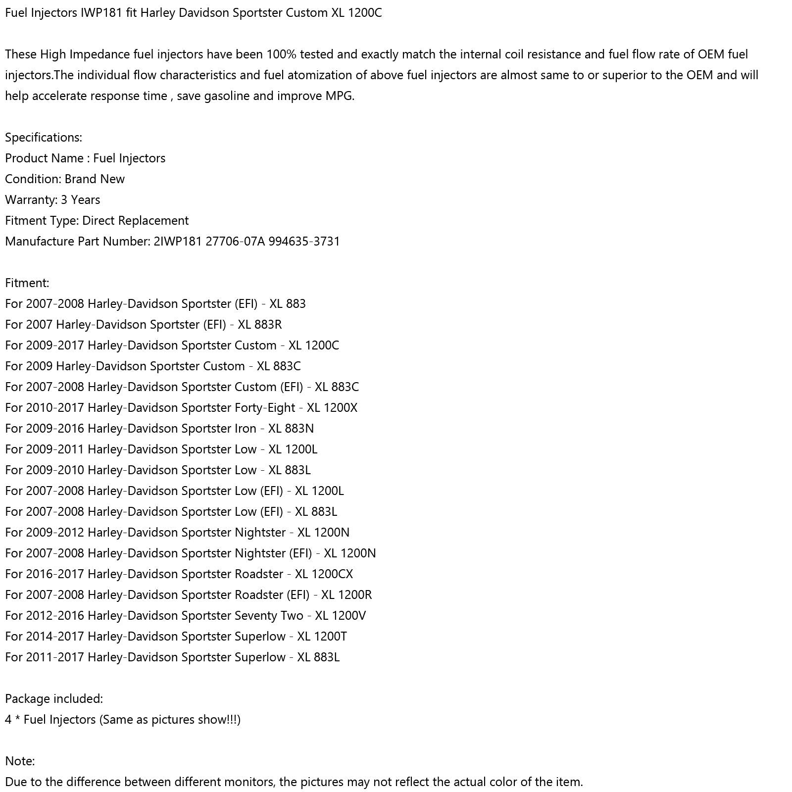 4pcs Fuel Injectors IWP181 fit Harley Davidson Sportster Custom XL 1200C