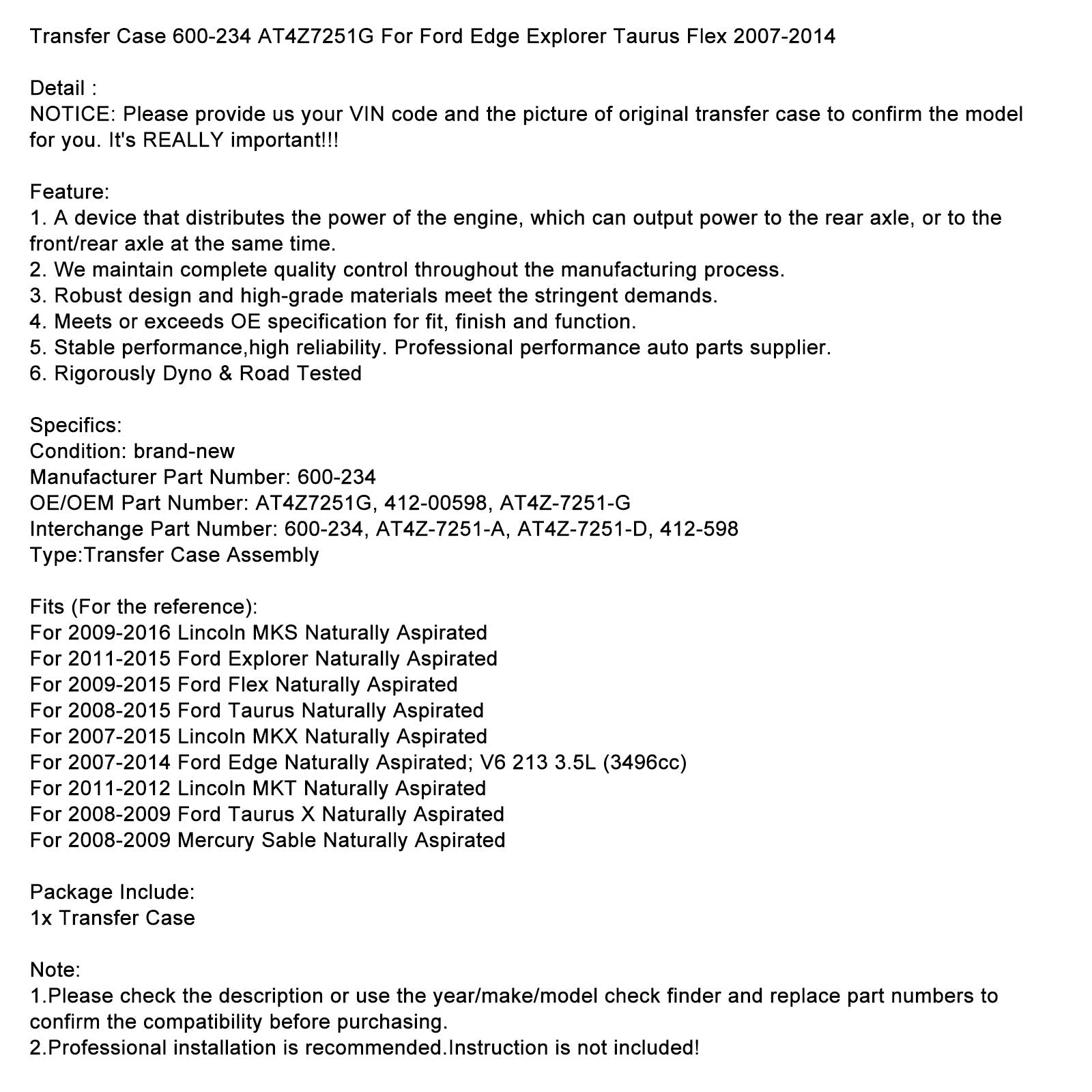 2011-2012 Lincoln MKT Naturally Aspirated Transfer Case 600-234 AT4Z7251G AT4Z7251D