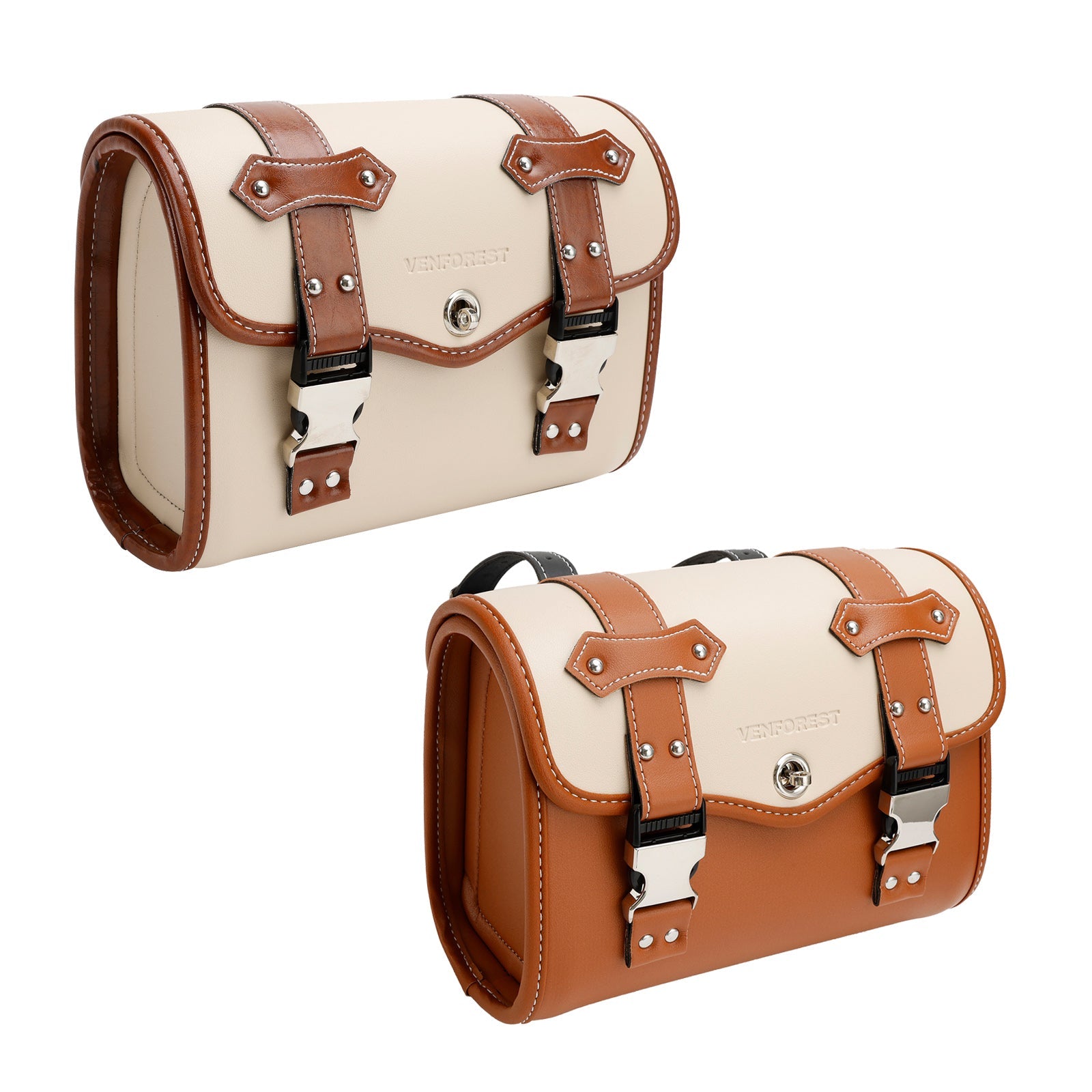 Sacoche de selle latérale, sac à outils de rangement universel, couleur Pu assortie pour moto marron-blanc