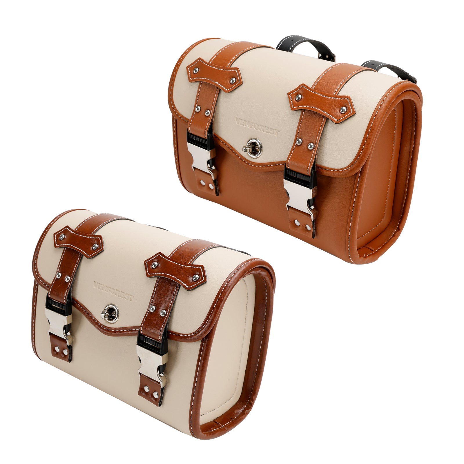 Sacoche de selle latérale, sac à outils de rangement universel, couleur Pu assortie pour moto marron-blanc