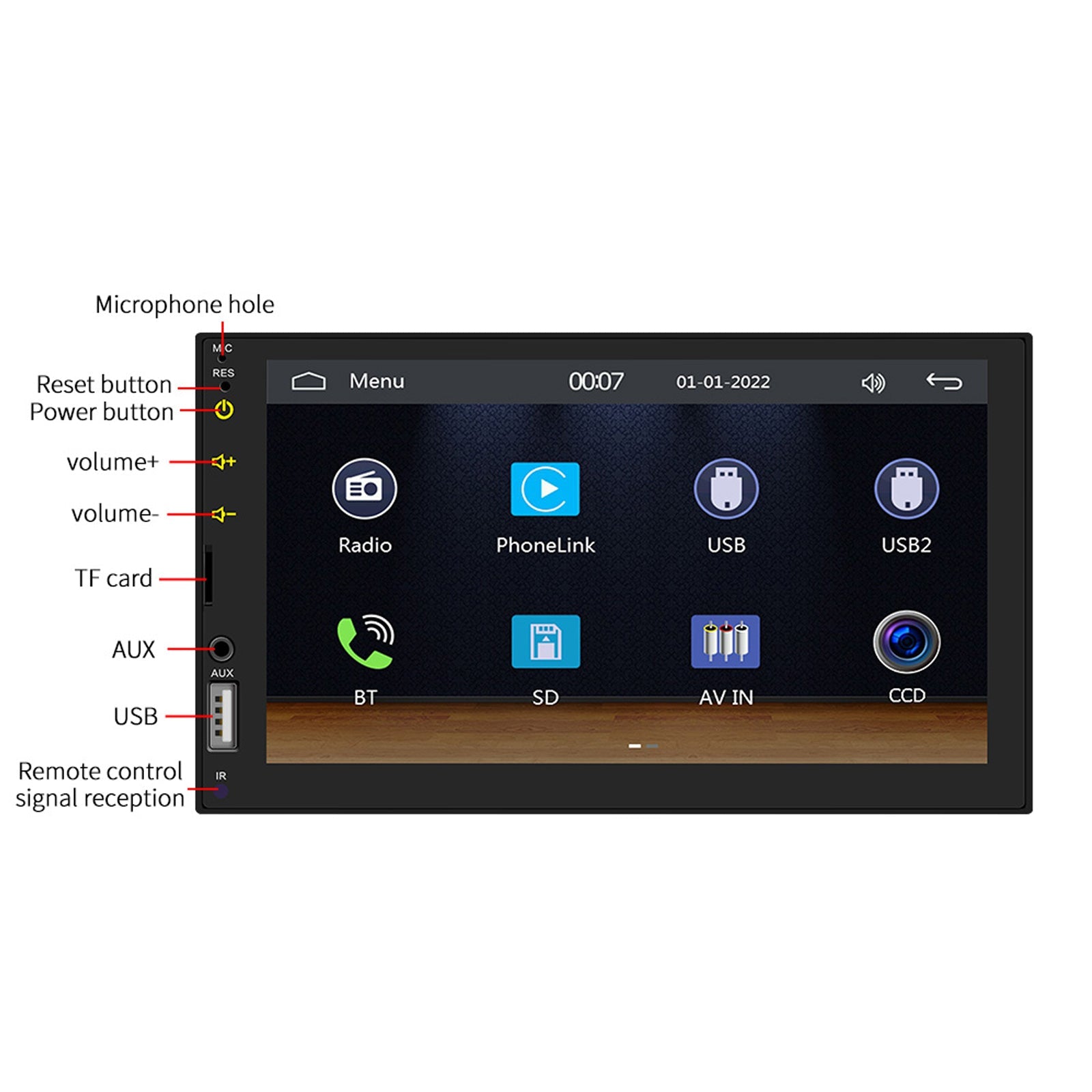 Lecteur MP5 de voiture Carplay filaire 7 ", Bluetooth, carte MP3, Radio + 4 caméras LED