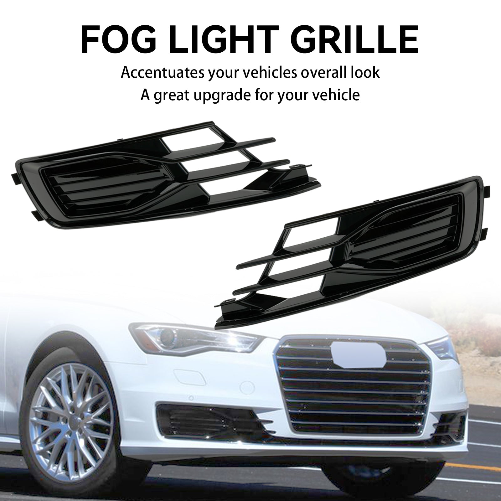 Audi A6 C7 2014-2018 2PCS Front Bumper Foglight Cover Grill Grille Black