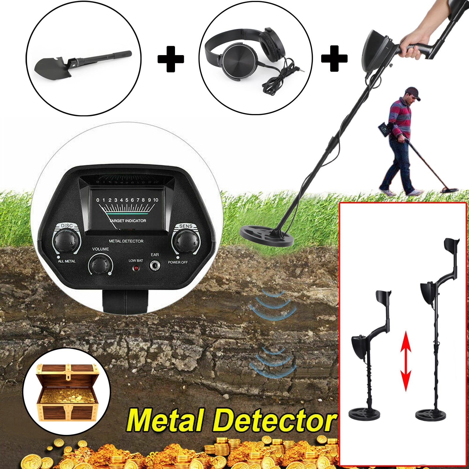 Metaaldetector 7,8" Coil Gold Digger Hunter Deep Sensitive Shovel-hoofdtelefoonset