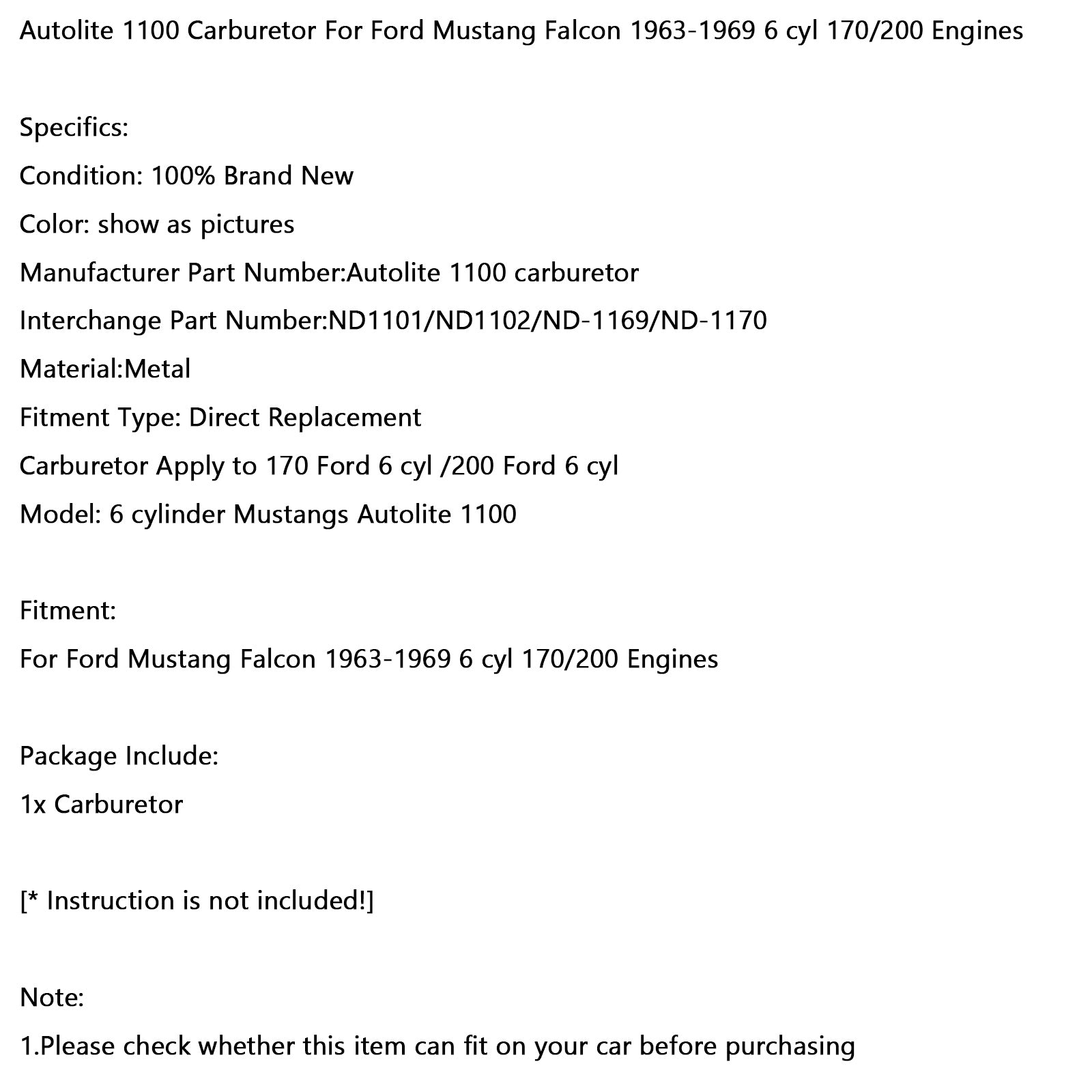 Autolite 1100 Carburetor For Ford Mustang Falcon 1963-1969 6 cyl 170/200 Engines