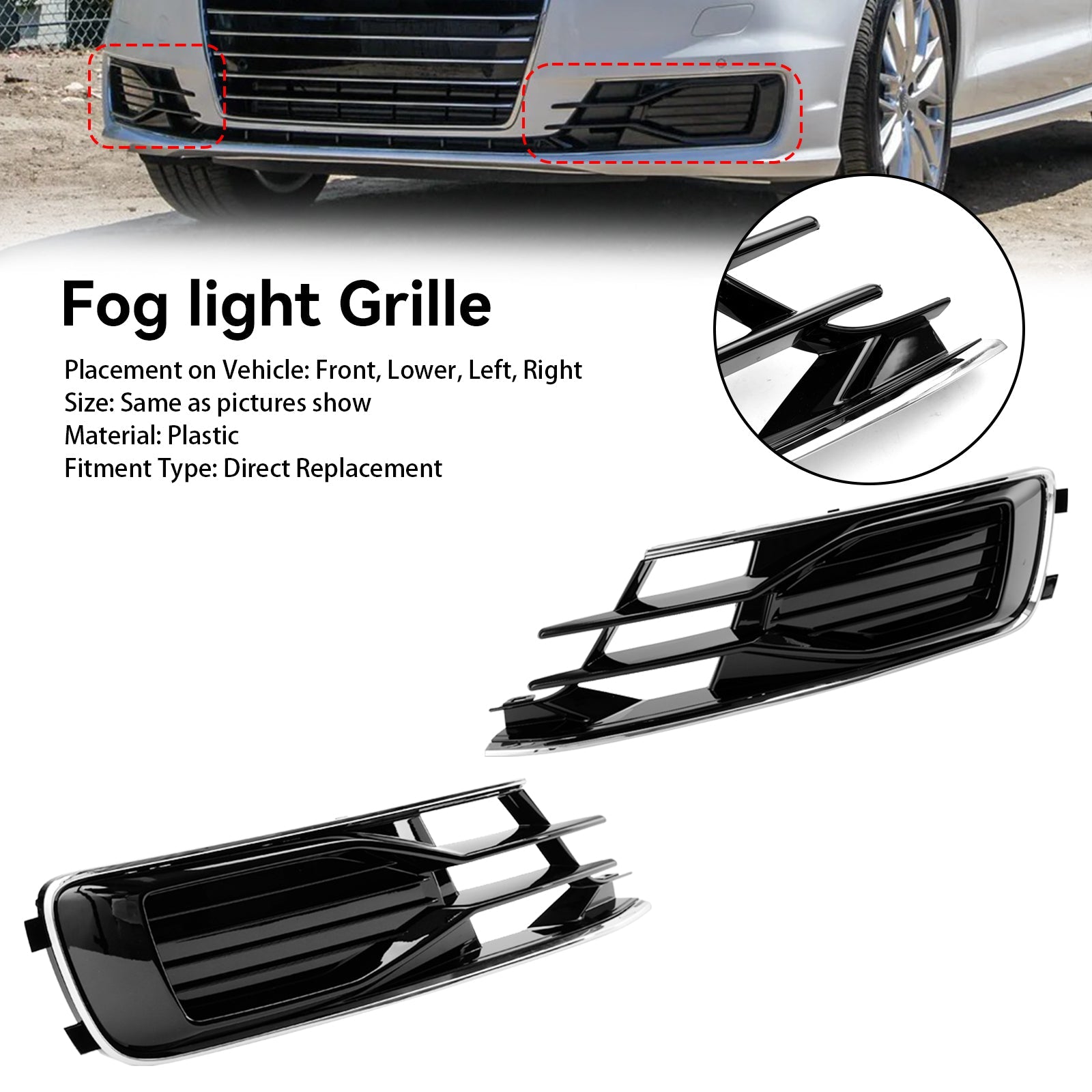 Audi A6 C7 2014-2018 2PCS Front Bumper Foglight Cover Grill Black Chrome