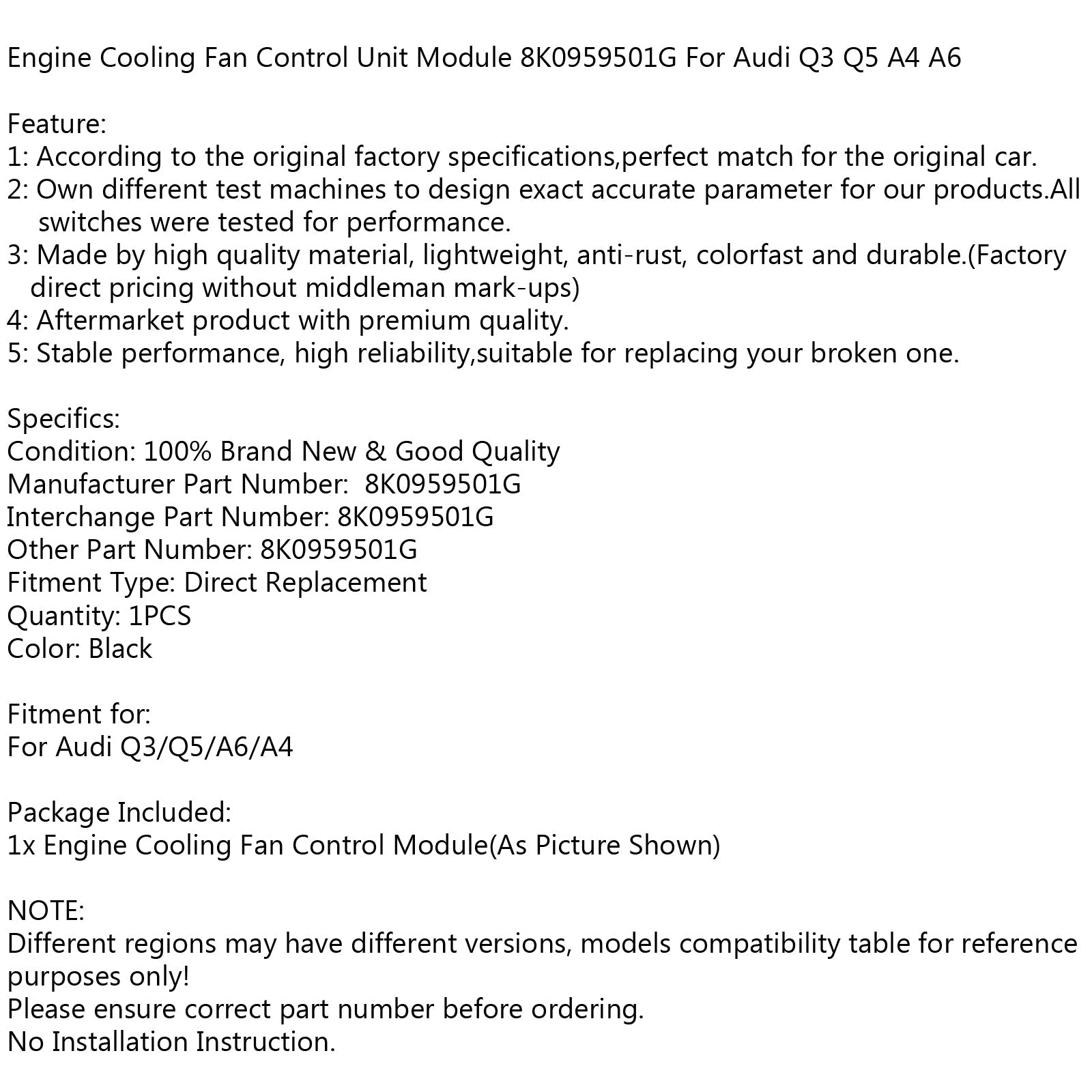 Module d'unité de commande de ventilateur de refroidissement de moteur, compatible avec Audi Q3 Q5 A4 A6 générique