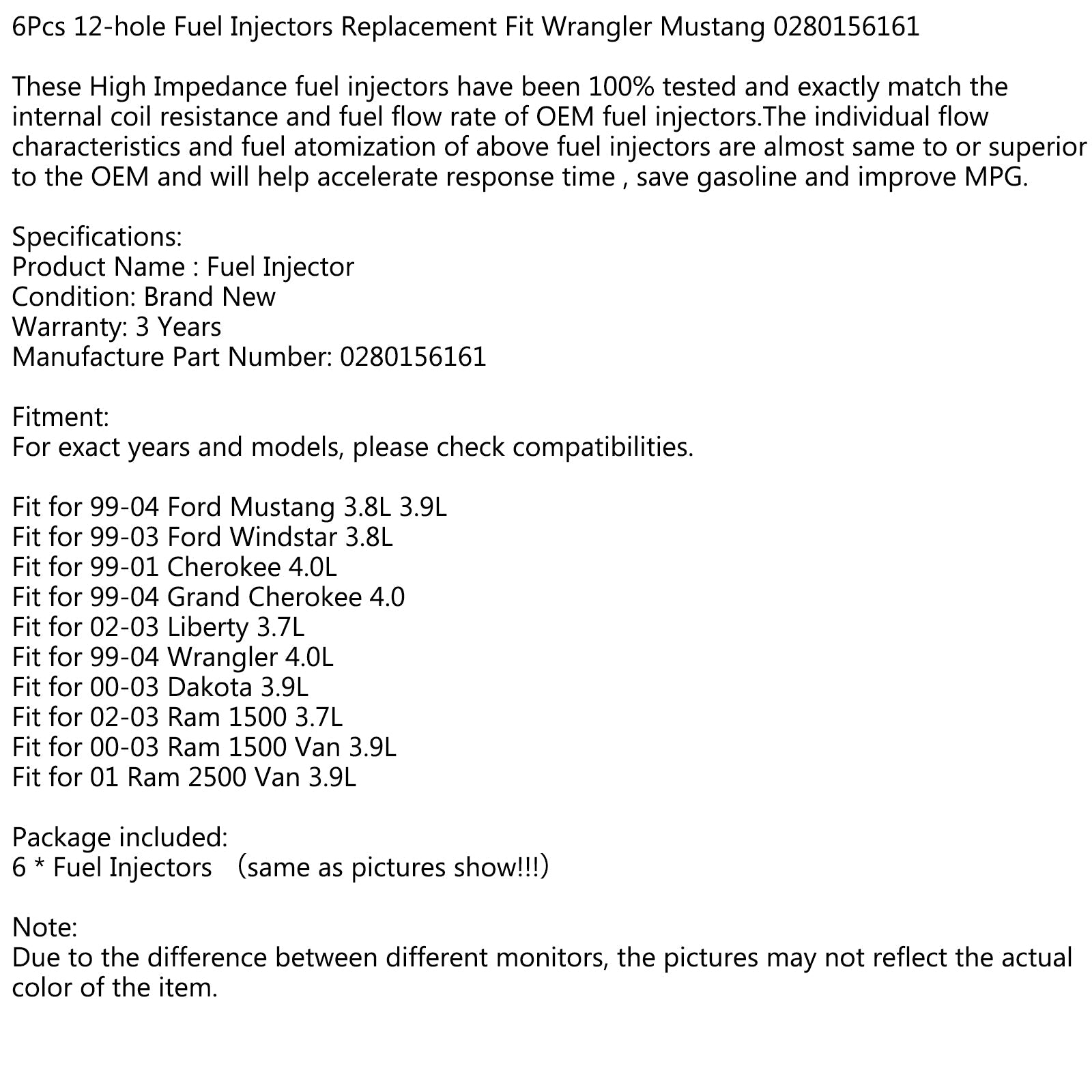 Injecteurs de carburant de remplacement à 12 trous, 6 pièces, pour Wrangler Mustang 0280156161 générique