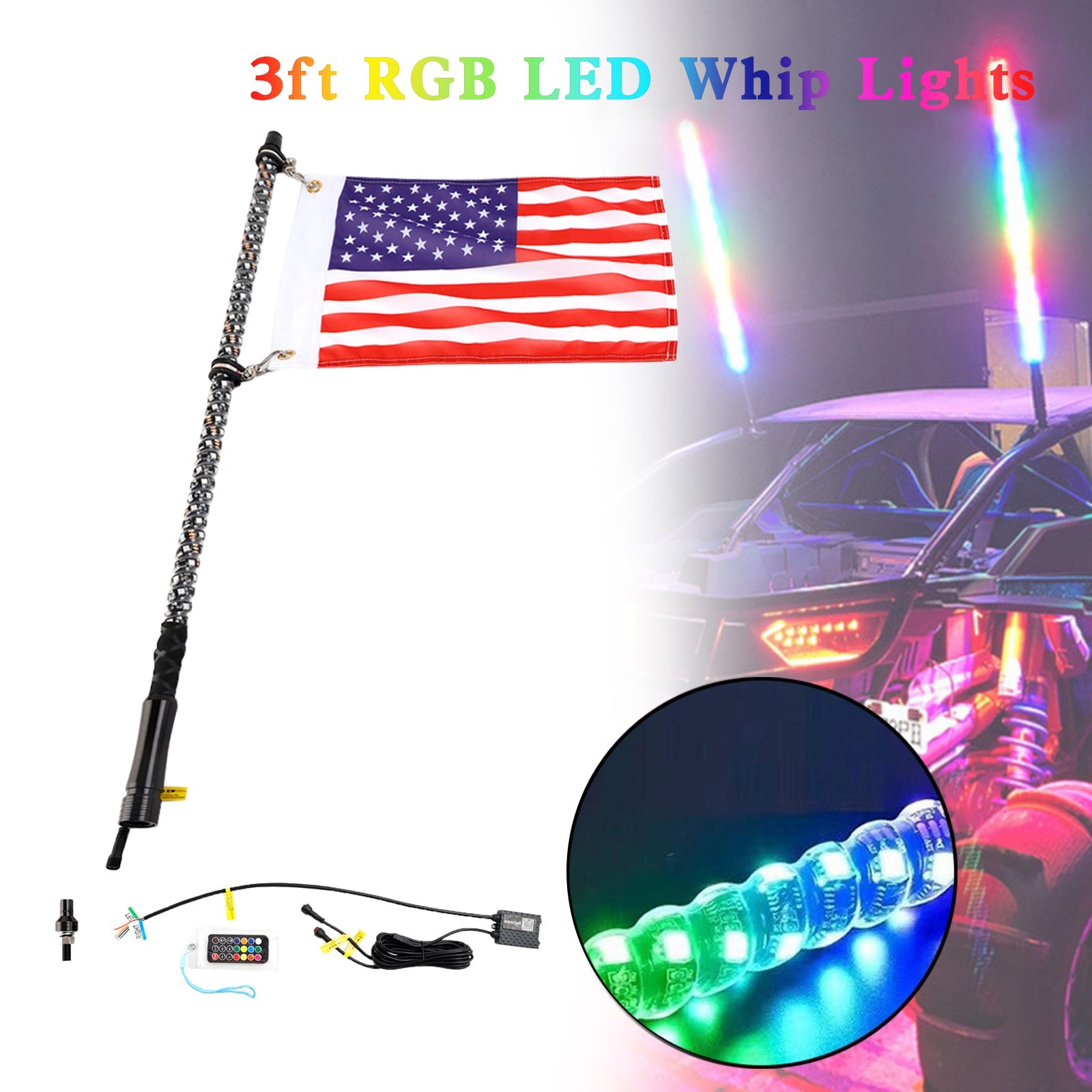 3ft RGB LED APP Whip Lights Antenna W/ Flag Remote Control For Polaris UTV ATV