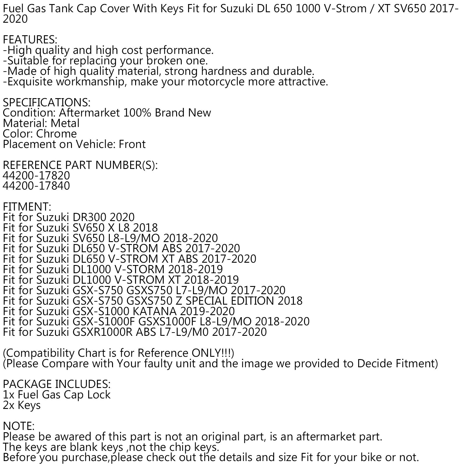Brandstof Gas Tankdop Sleutels Fit voor Suzuki SV 650 DL 650 1000 V-Strom/XT 2017-2020 Generieke