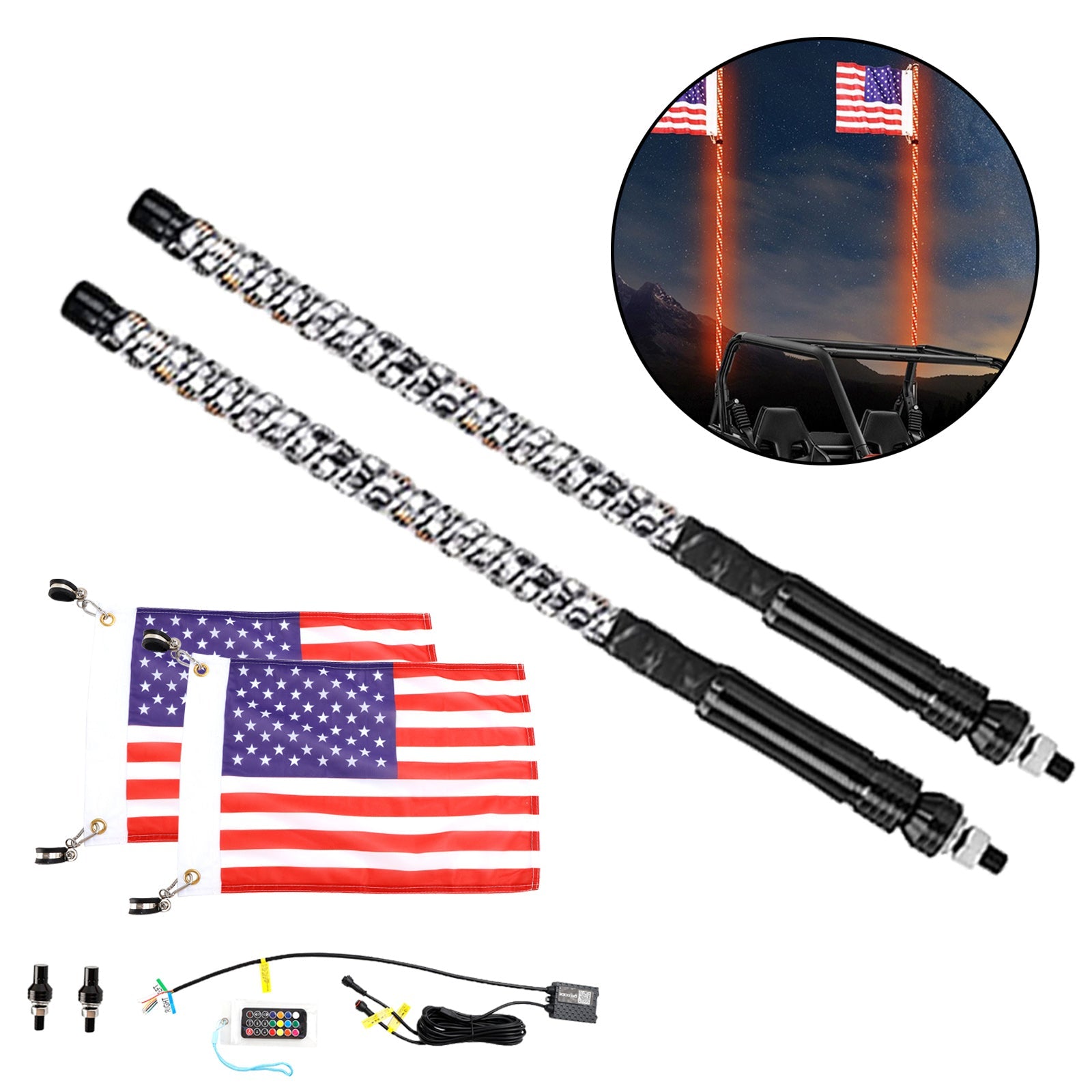 2X 2ft RGB LED APP Whip Lights Antenna W/ Flag Remote Control For Polaris UTV ATV