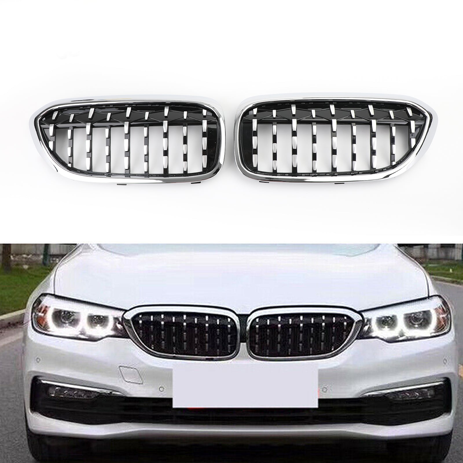 2017-2019 BMW G30 G38 5 Series Pair Chrome Diamond Style Front Grill Generic