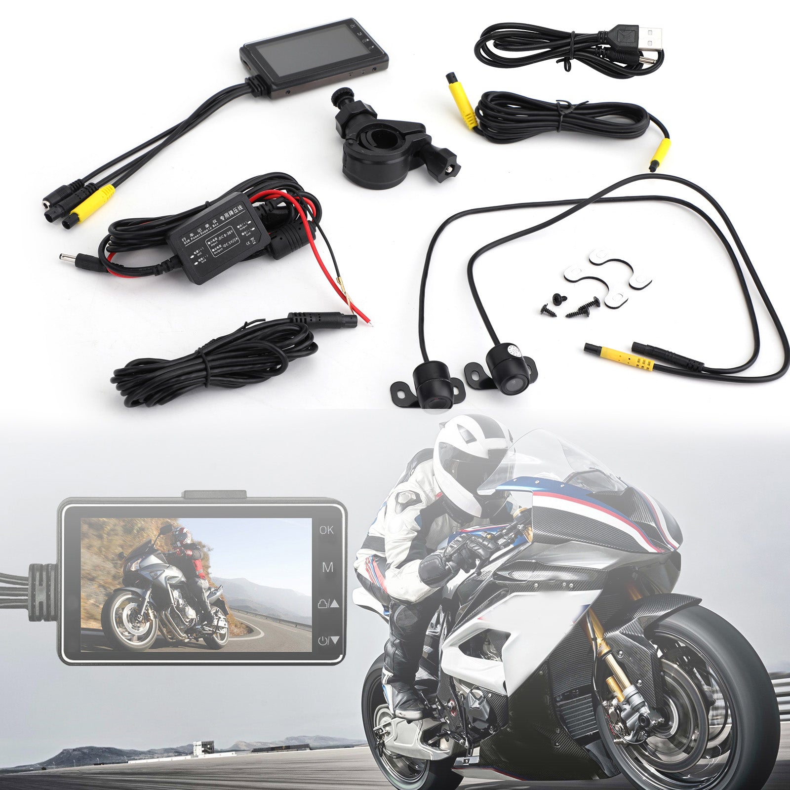 Enregistreur vidéo DVR pour moto + caméra avant Full HD 1080P et caméra de recul générique