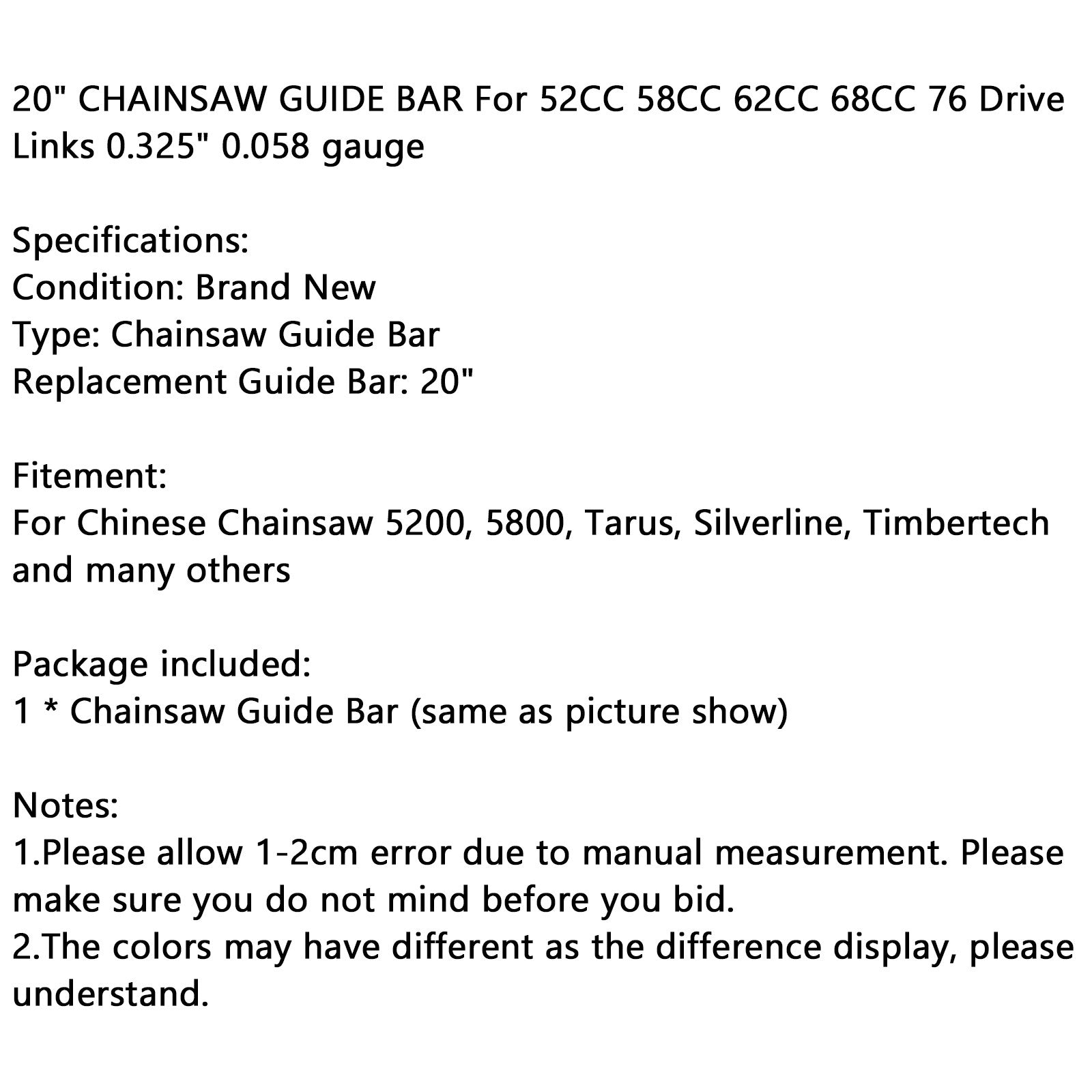 20" CHAINSAW GUIDE BAR For 52CC 58CC 62CC 68CC 76 Drive Links 0.325" 0.058G