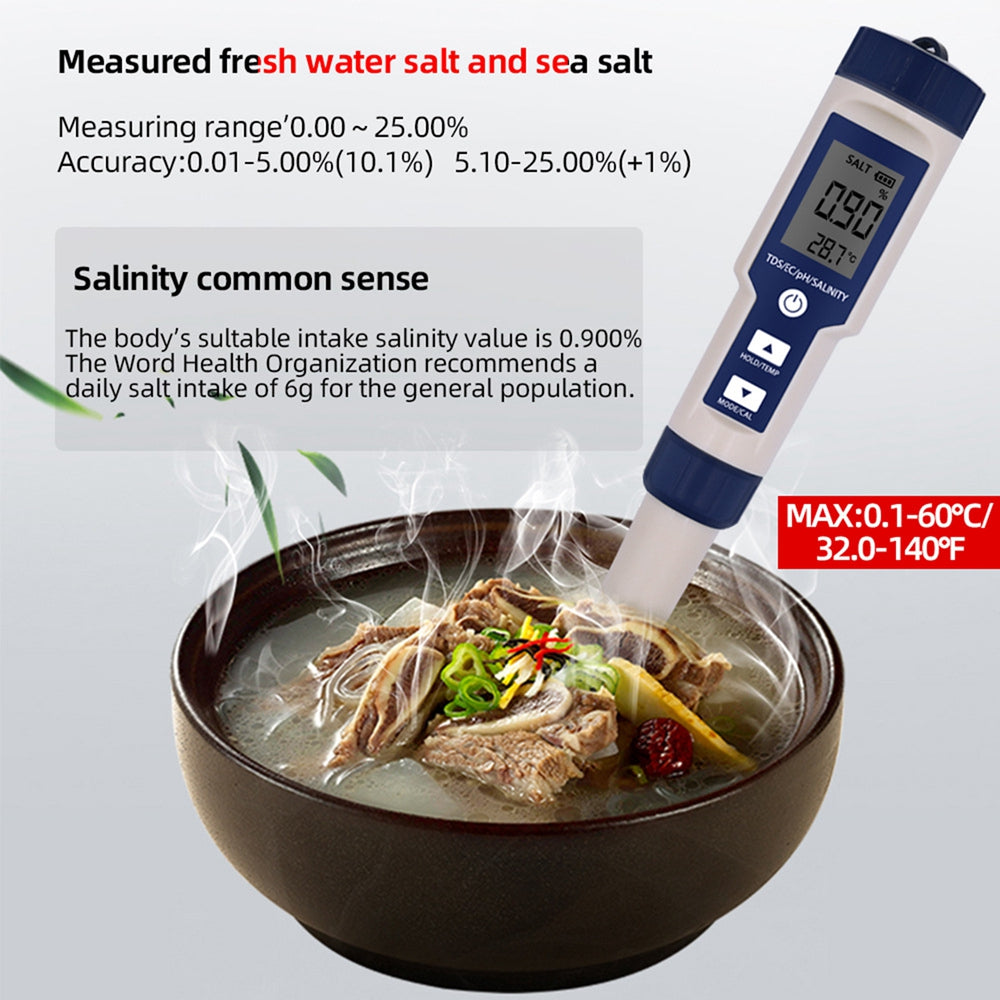 5in1 PH/TDS/EC/Salinity/Temperature Digital Water Quality Tester Meter Test Tool