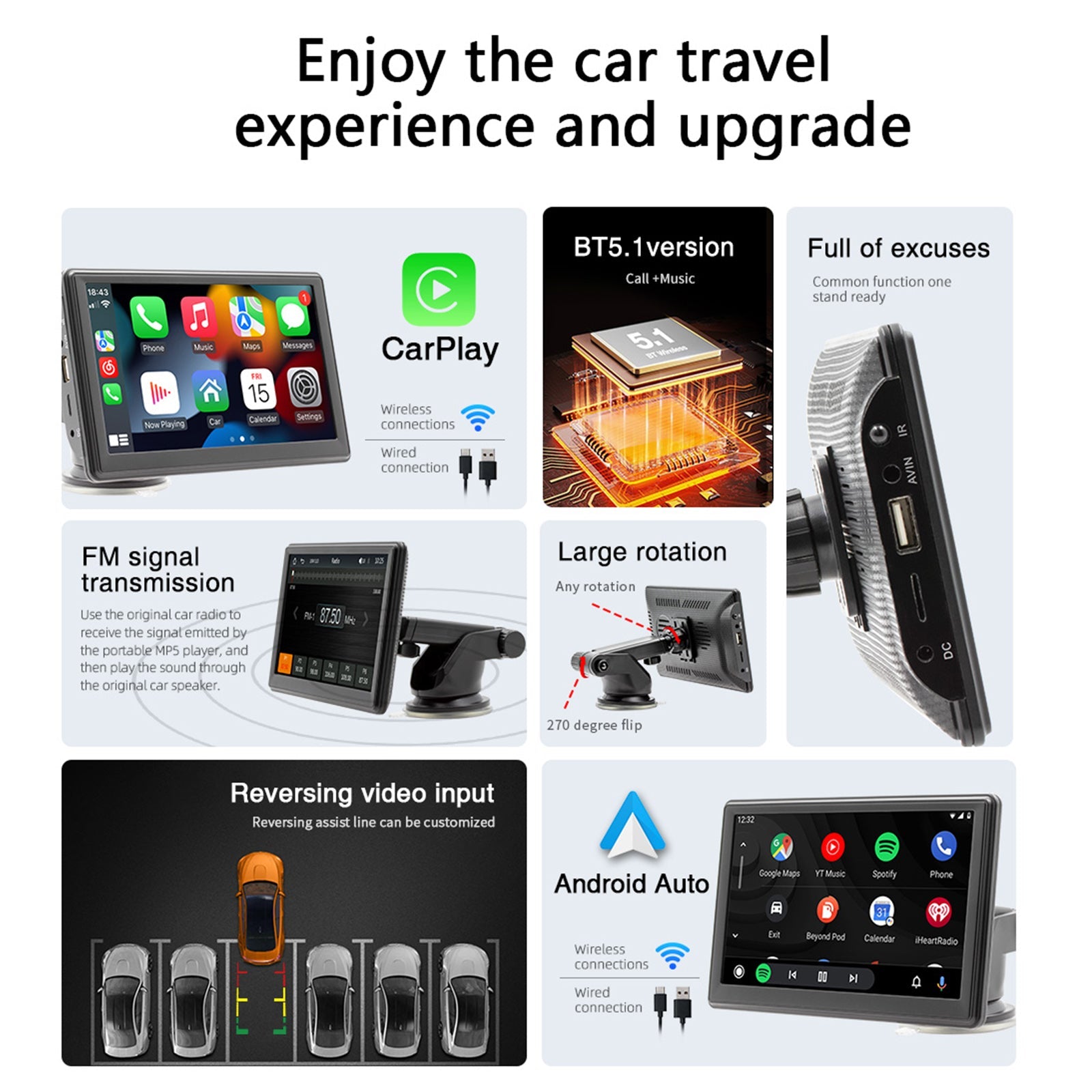 7 "Draadloze Carplay Bluetooth-stereoradio FM-auto-mp5-speler + 4 LED-camera