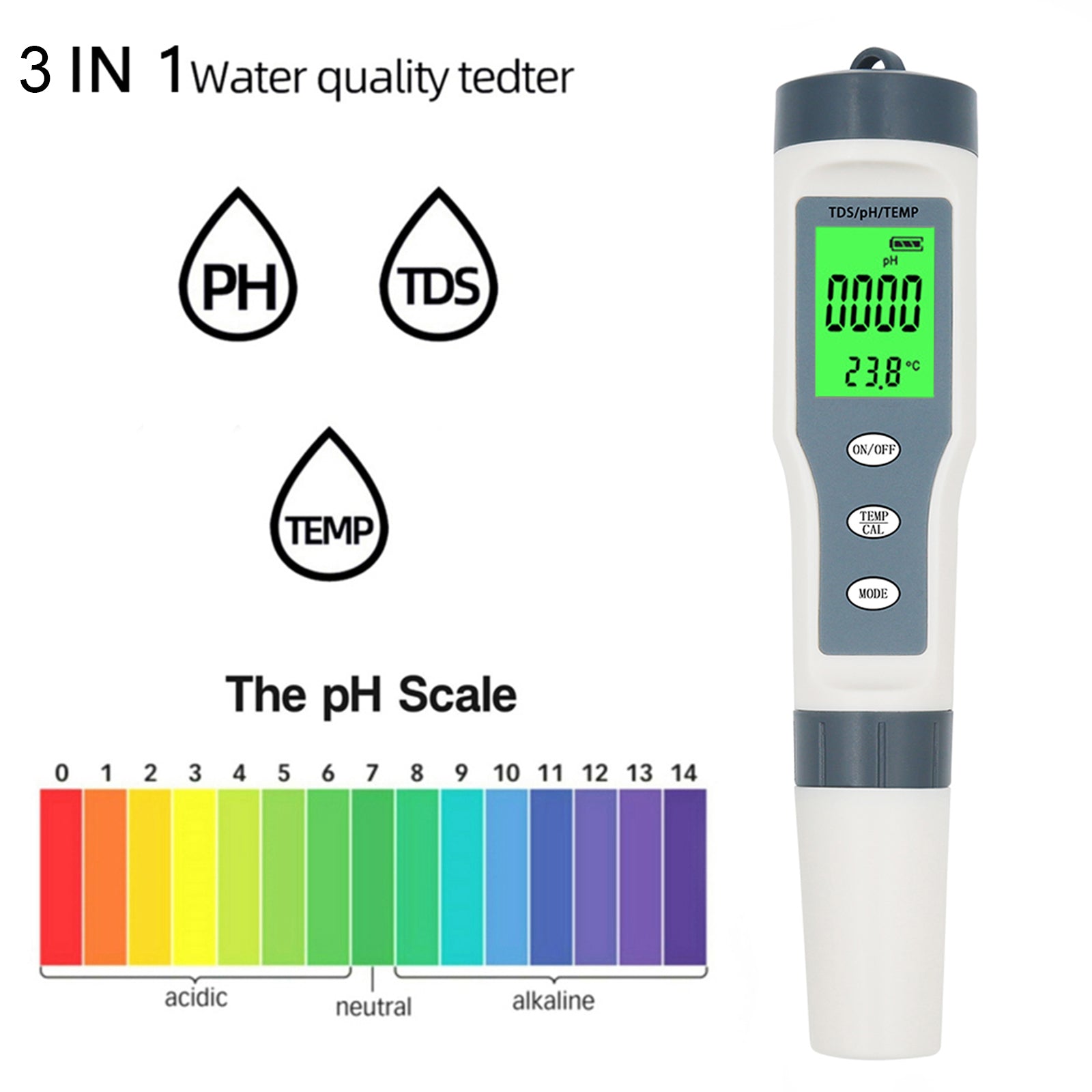 3 In 1 Digital PH TDS TEMP Water Quality Meter Tester Test Pen Tool Low power protection Waterproof