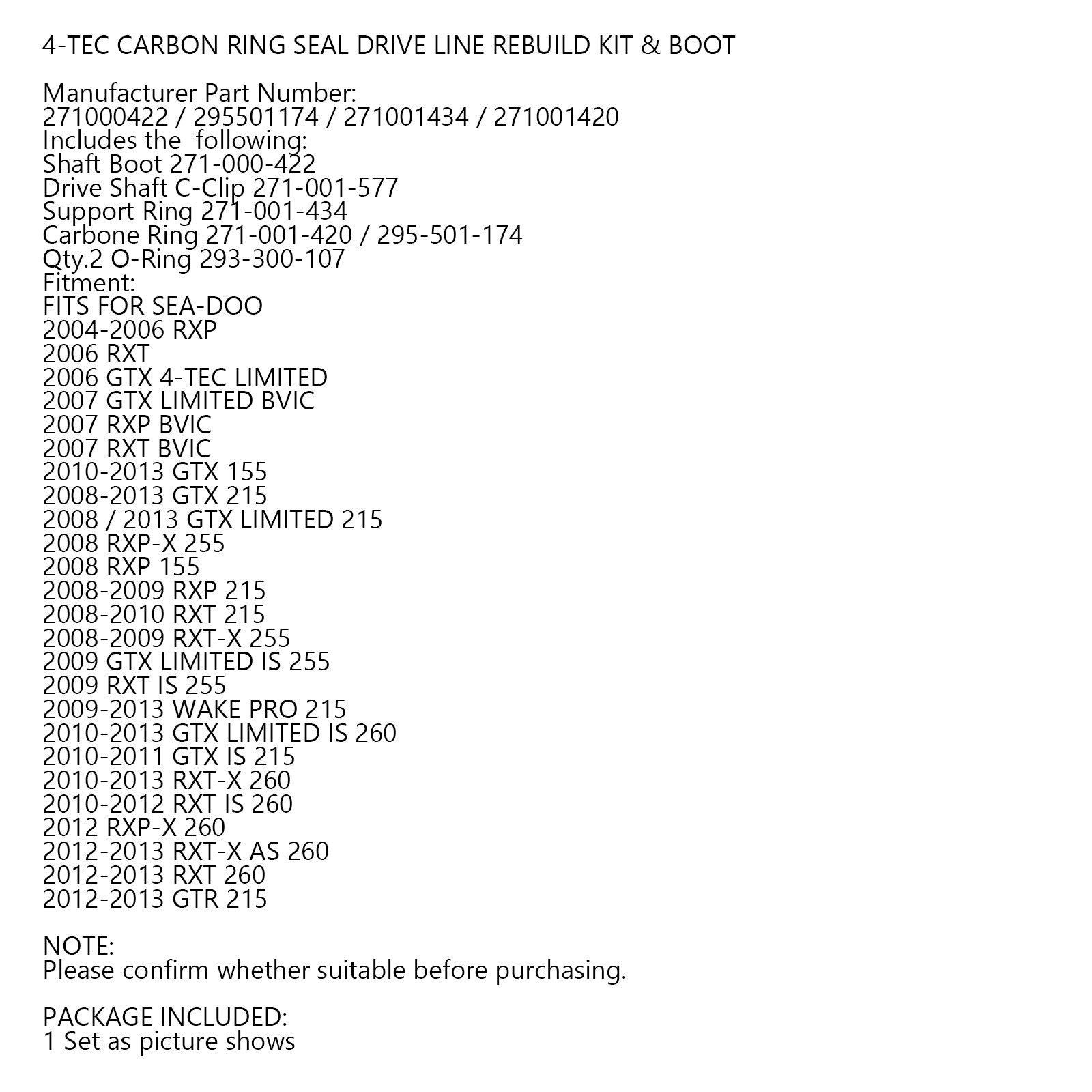 4-Tec Carbon Ring Seal Drive Line Rebuild Kit & Boot for Sea Doo RXP RXPX RXTX