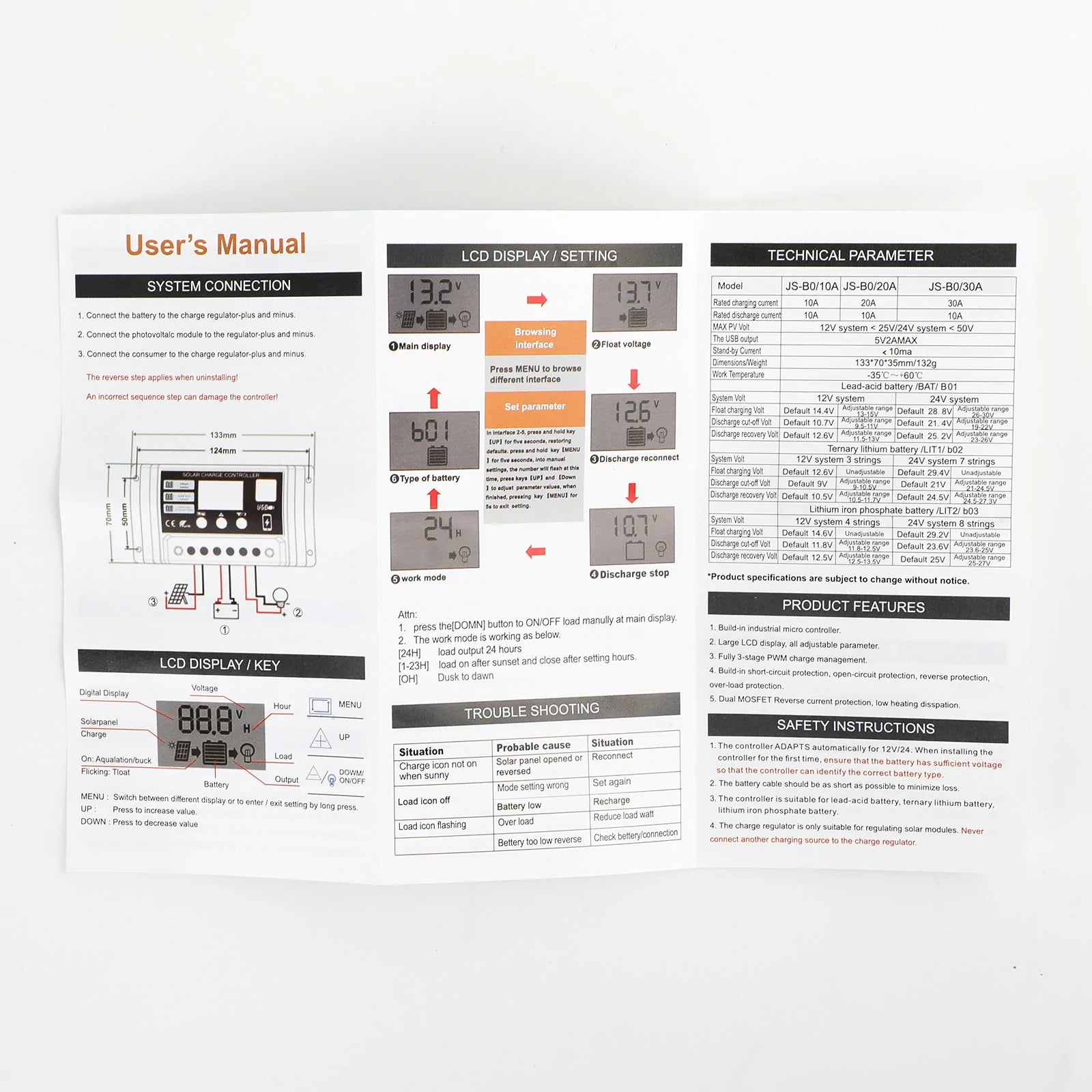 Régulateur de Charge de panneau solaire 10A/20A/30A, PWM LCD, double USB 12V/24V