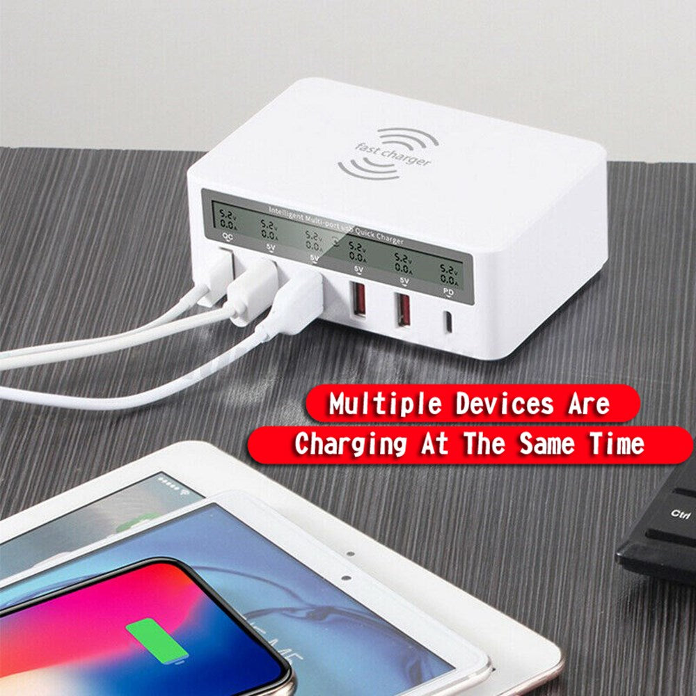 Multiport Quick USB Charger Station With Wireless Charging Pad LCD Display EU