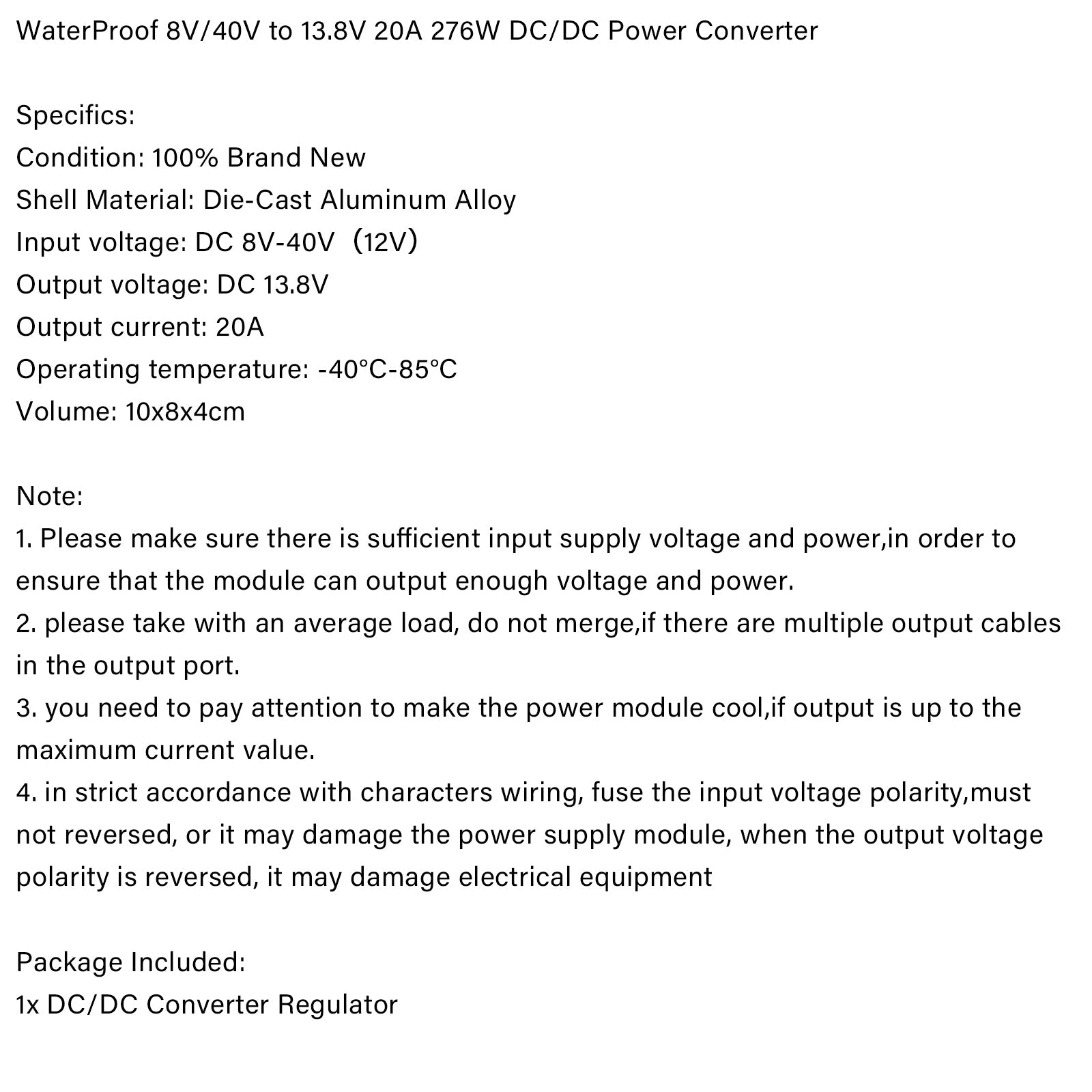 Régulateur de convertisseur de puissance DC/DC étanche, étanche, 8V/40V à 13.8V, 20A, 276W, générique