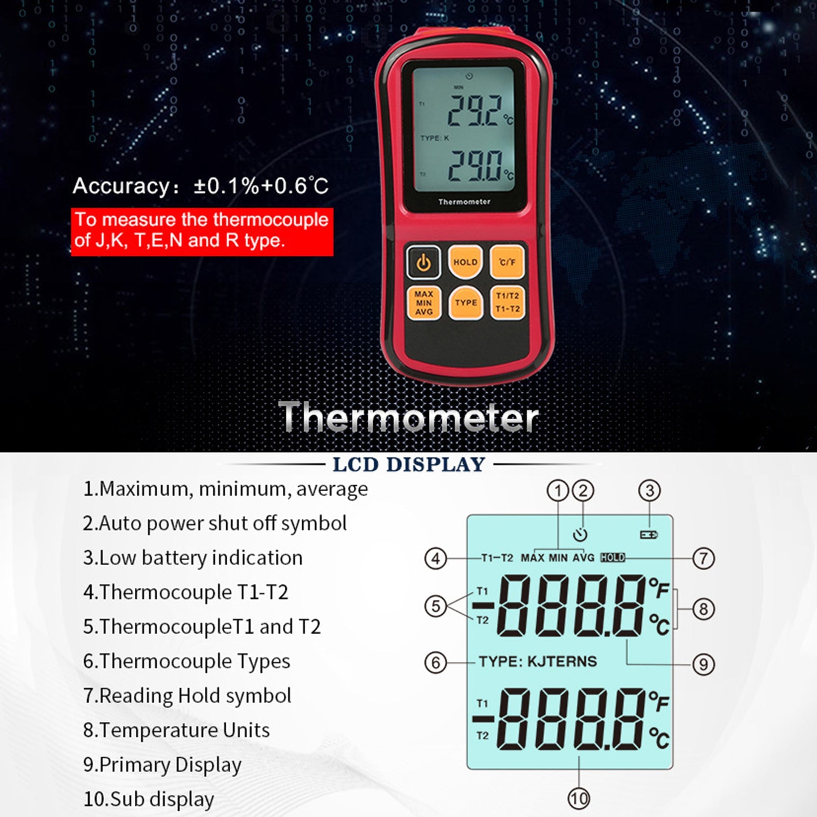 Thermomètre numérique à Thermocouple, testeur de température à double canal LCD