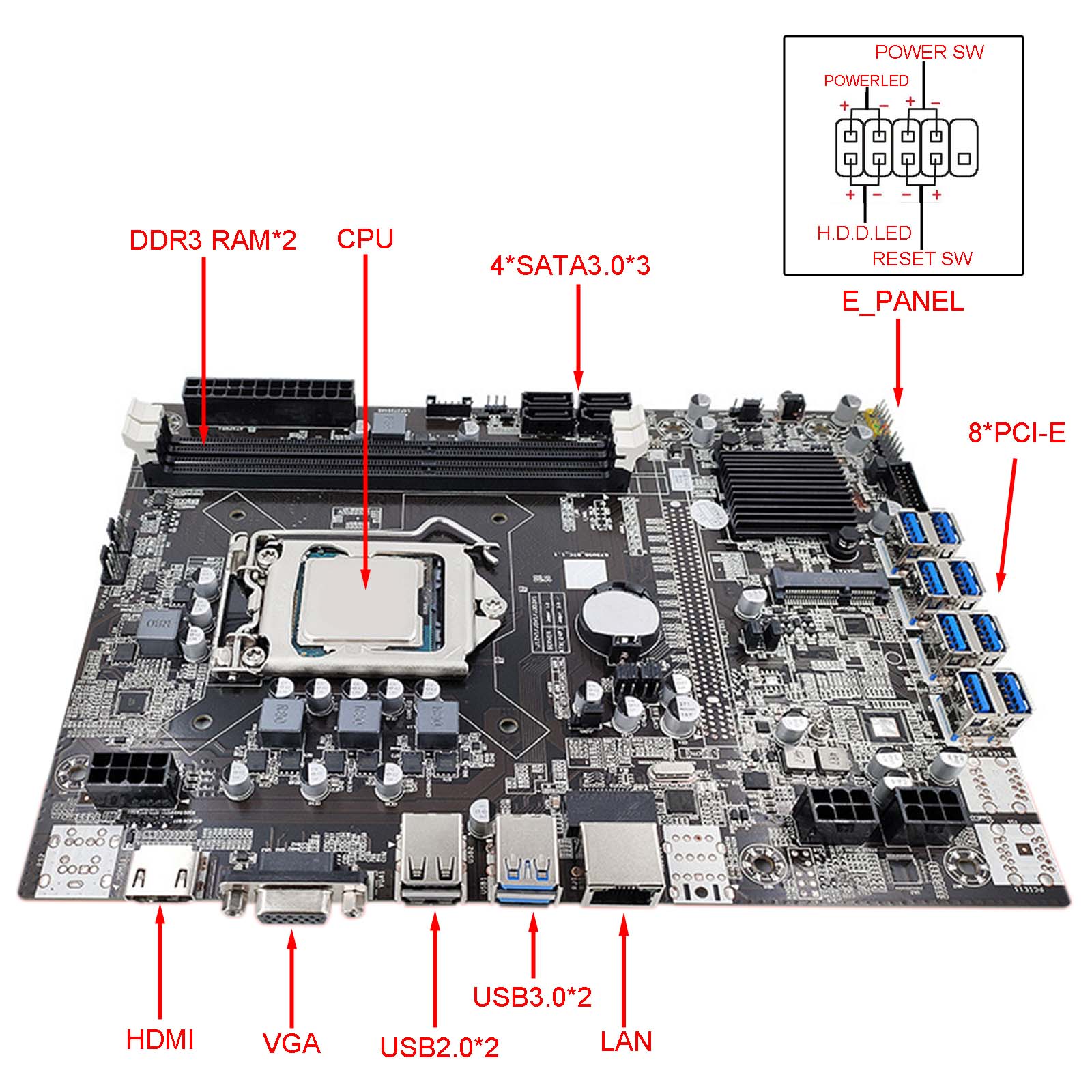 B250C PC Mining Motherboard BTC 12P PCI Express DDR4 for LGA1151 Gen6/7