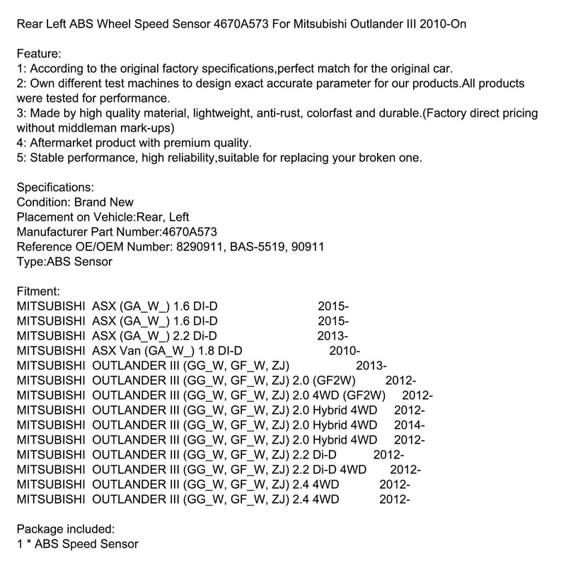 Rear Left ABS Wheel Speed Sensor 4670A573 For Mitsubishi Outlander III 2010-On