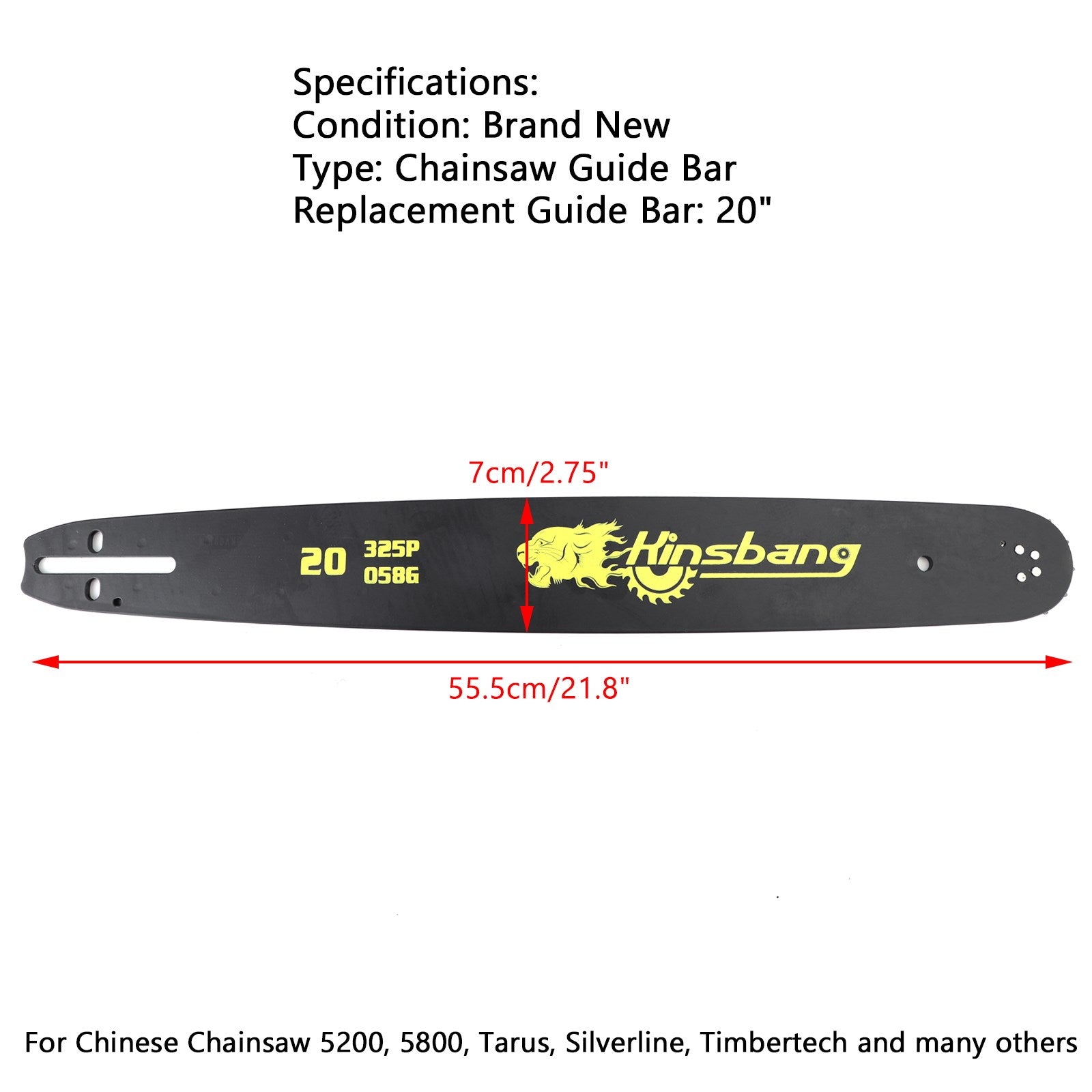 20" CHAINSAW GUIDE BAR For 52CC 58CC 62CC 68CC 76 Drive Links 0.325" 0.058G