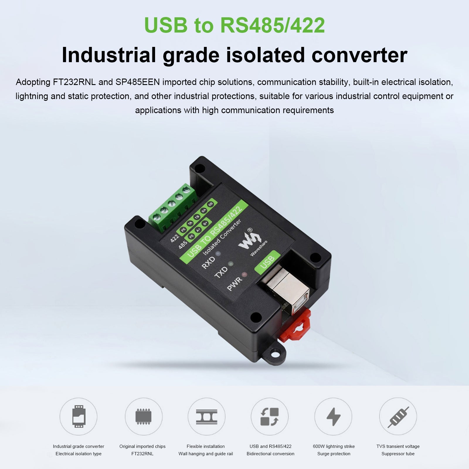 Industriële geïsoleerde converter USB naar RS485/RS422 multi-beschermingscircuits