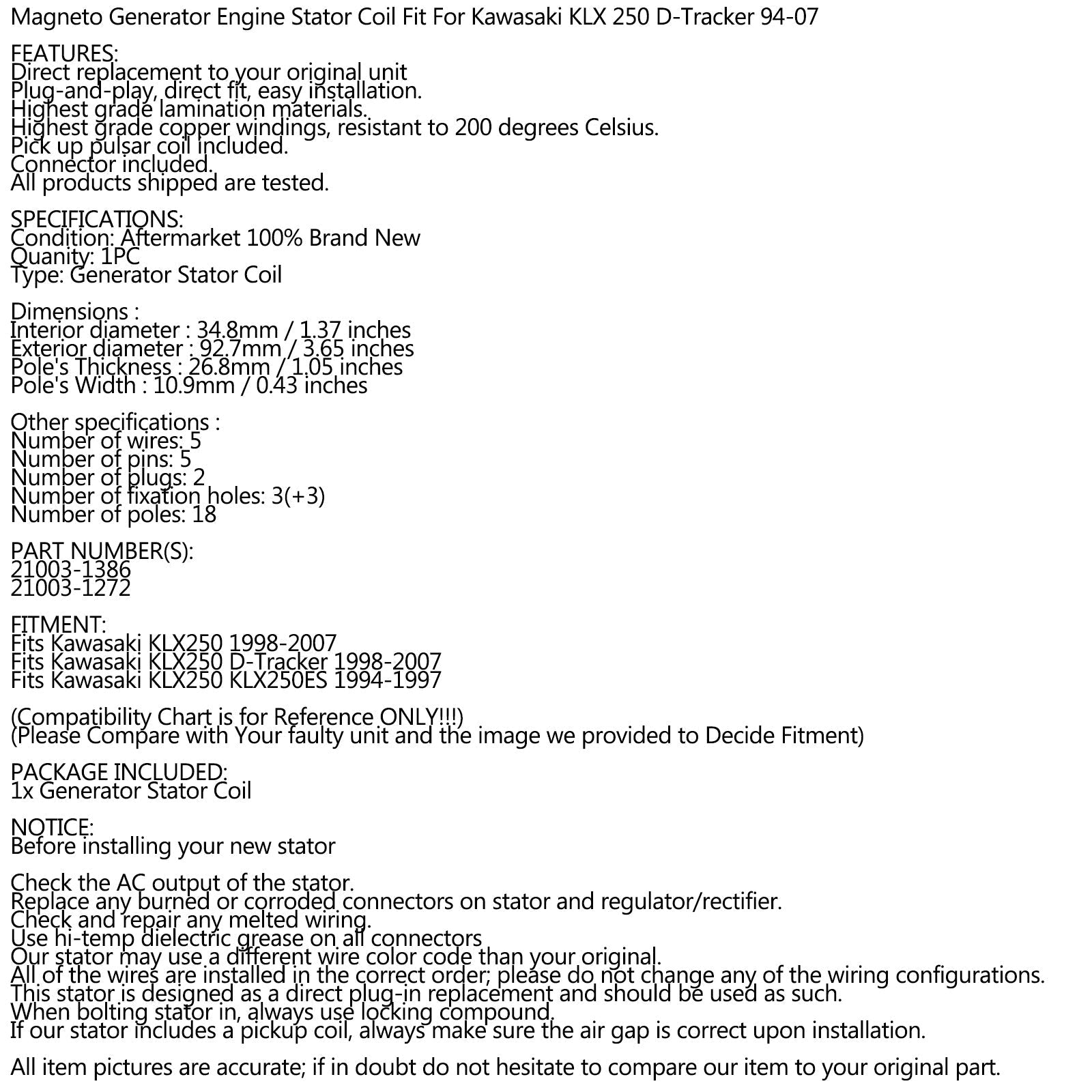 STATOR GENERATOR for Kawasaki KLX250 KLX 250 D-Tracker 1994-2007 06 05 04 03 Generic